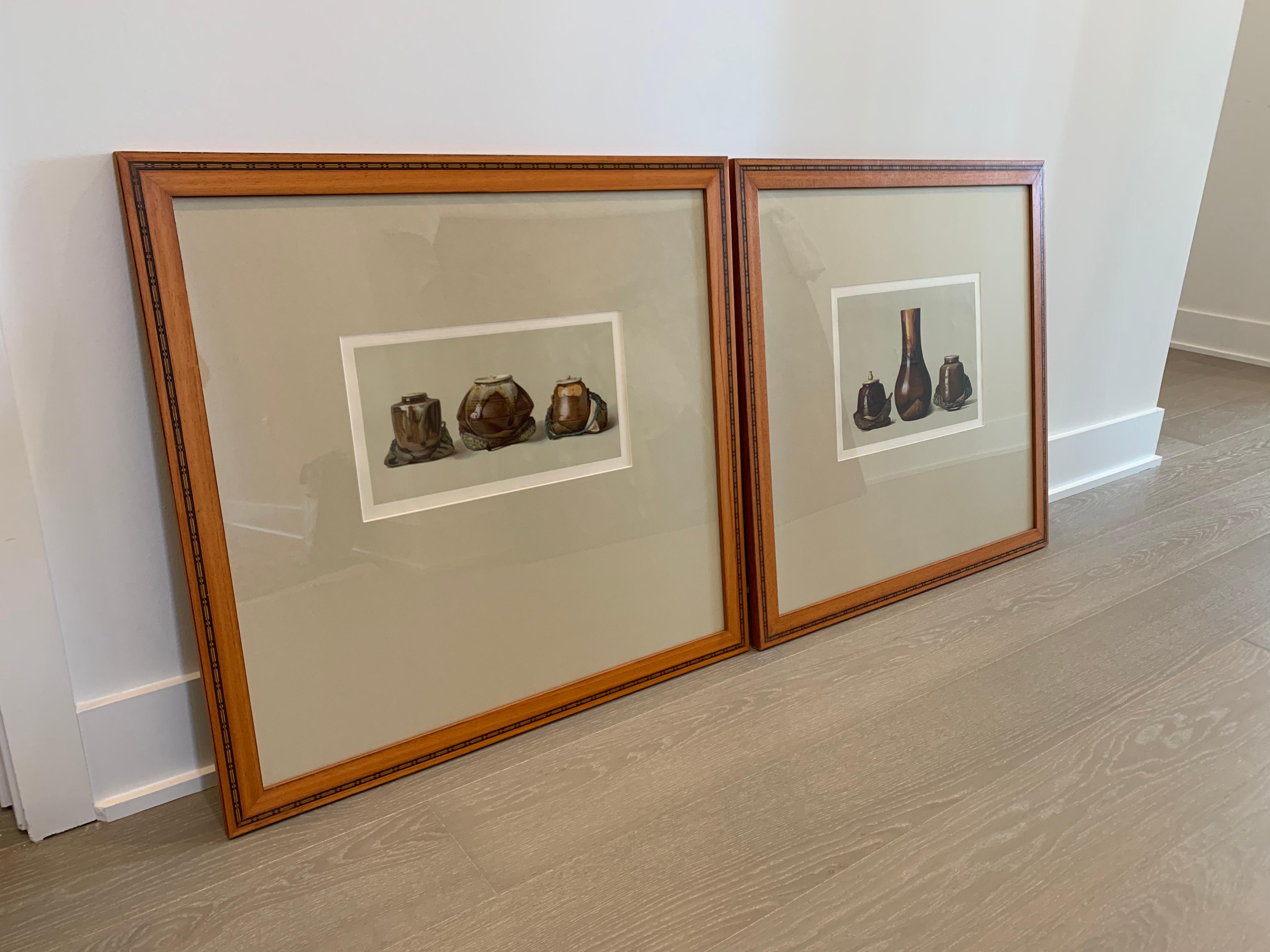 Two framed color lithographs by Louis Prang
Colors are neutral and subject matter is of oriental ceramic art, illustration from the collection of W.T Walters.