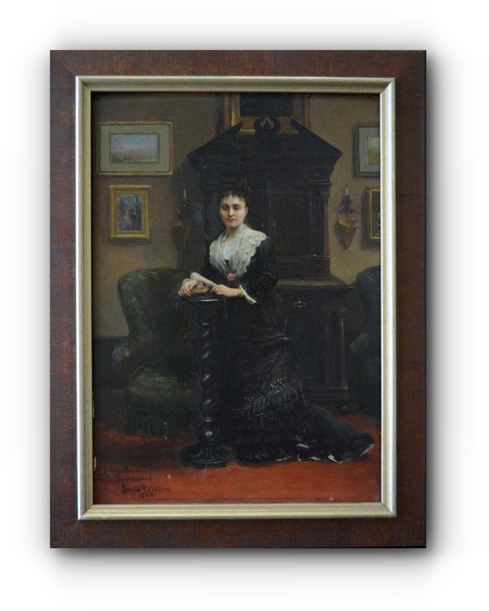 Louis Priou Figurative Painting - "Mrs. Guinouard in Her Private Lounge" Framed Late 19th Century Antique Portrait