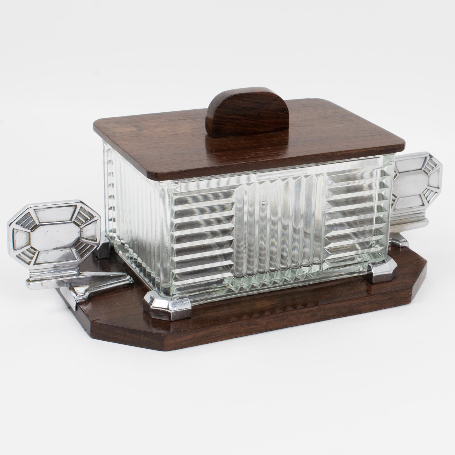 Caja para galletas y caramelos Louis Prodhon Art Decó de madera, cromo y cristal, Francia Años 30 Metal