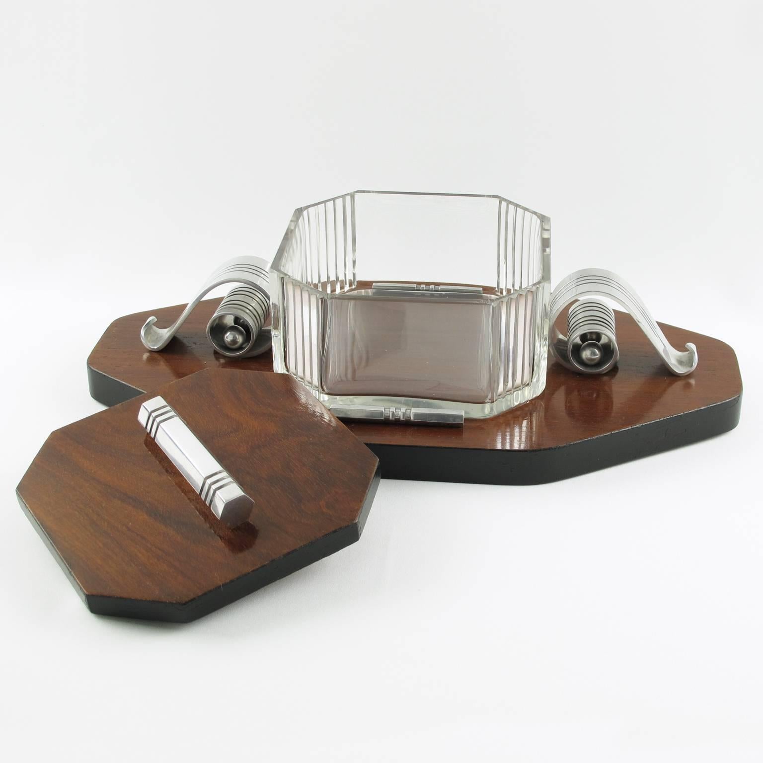 Aluminum Louis Prodhon French Art Deco Modernist Rosewood Crystal Serving Jar Box