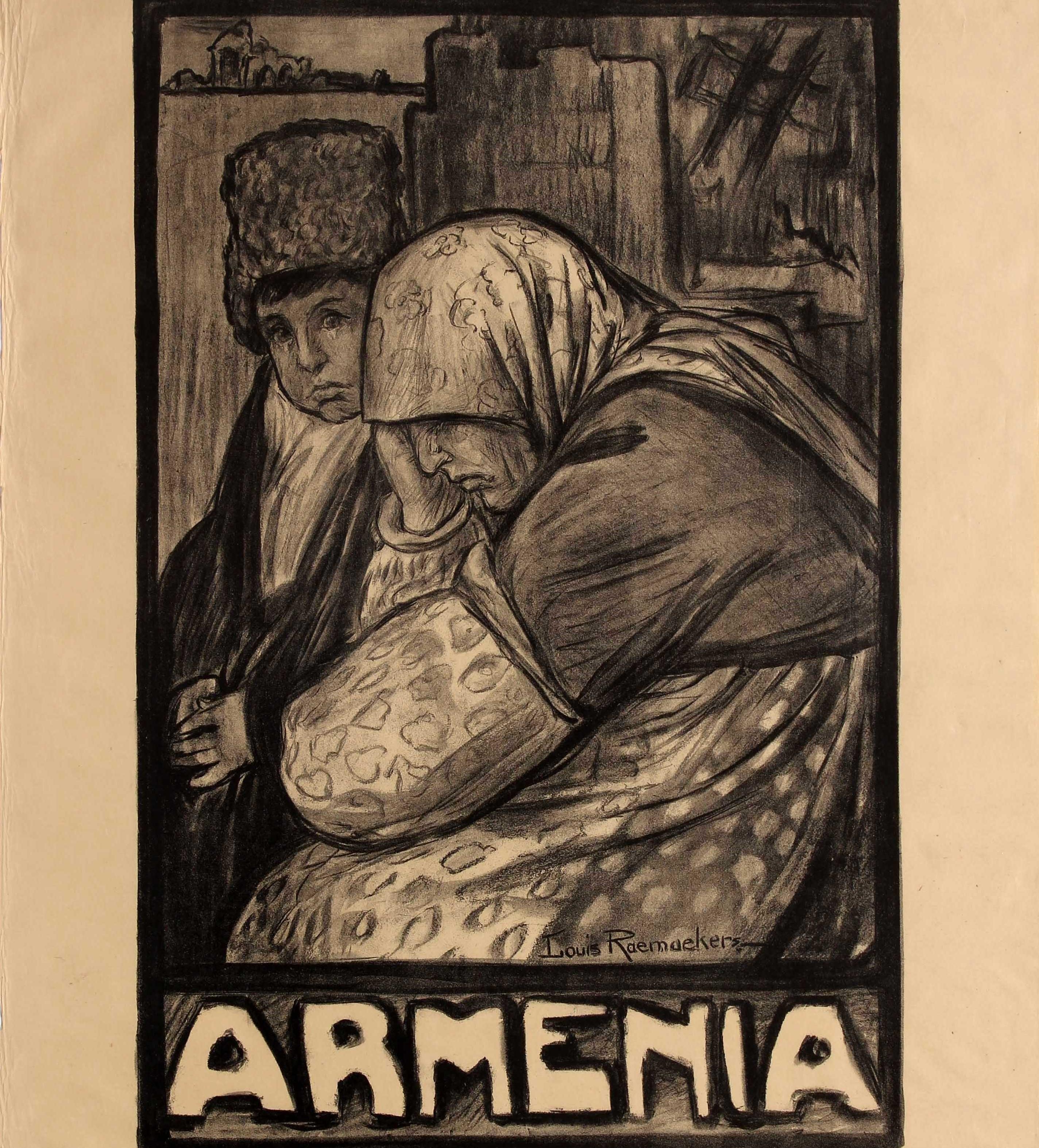 Original Antique WWI Poster Lord Mayor Of London Appeals For Help Armenia Winter - Beige Print by Louis Raemaekers