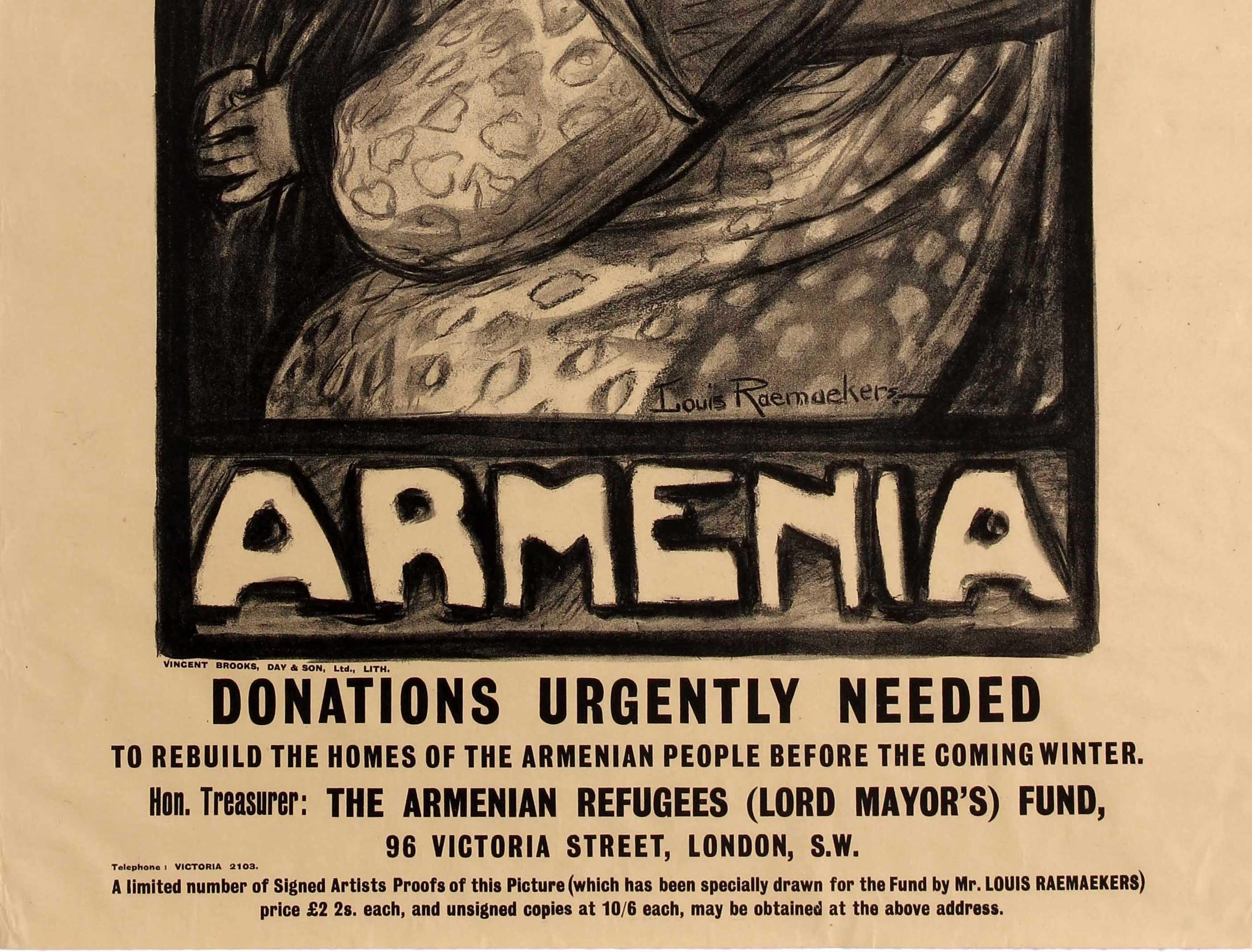 Original antique British World War One propaganda poster - The Lord Mayor of London Appeals For Help Armenia Donations Urgently Needed to rebuild the homes of the Armenian people before the coming winter Hon. Treasurer: The Armenian Refugees (Lord