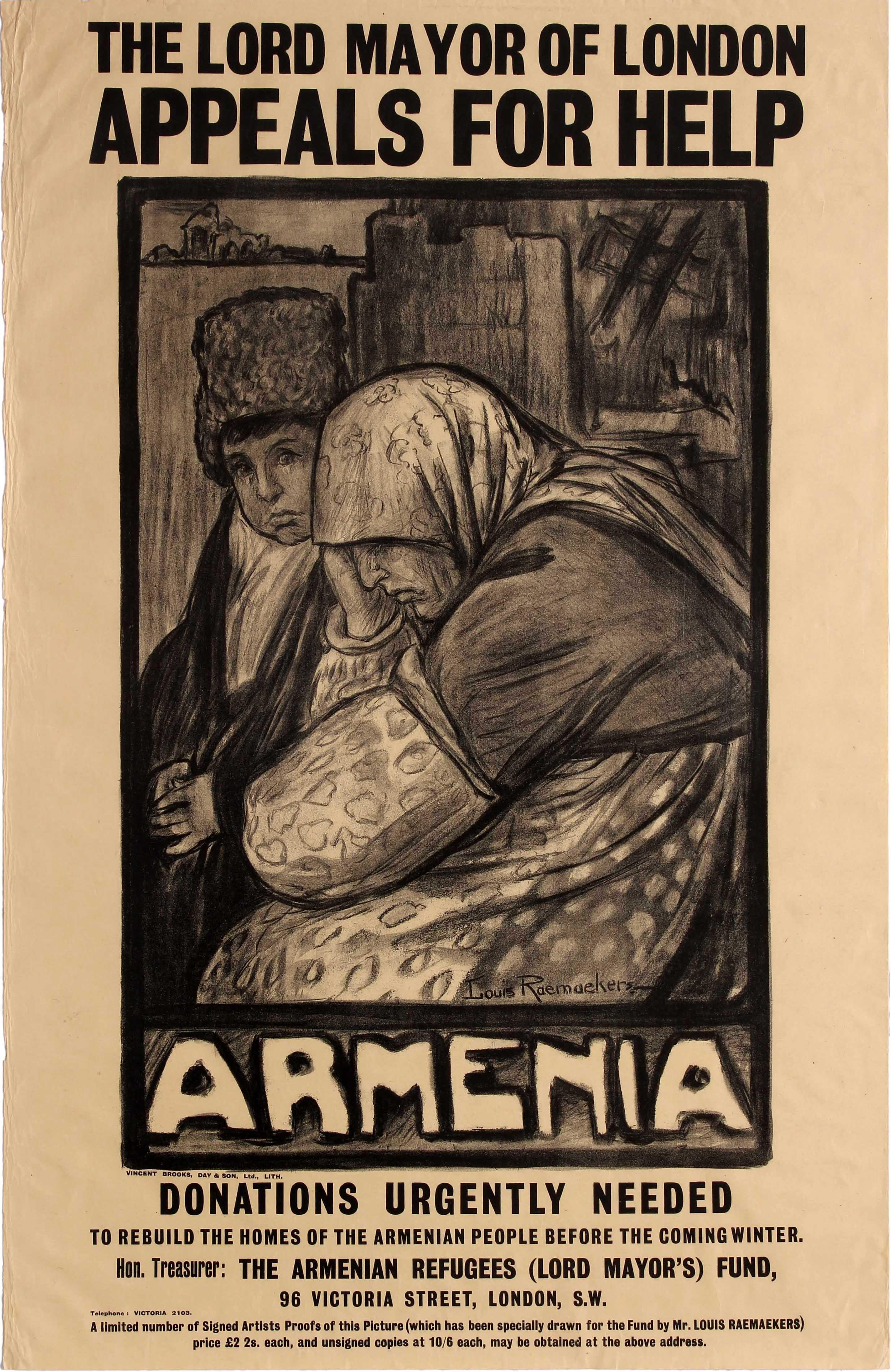 Louis Raemaekers Print - Original Antique WWI Poster Lord Mayor Of London Appeals For Help Armenia Winter