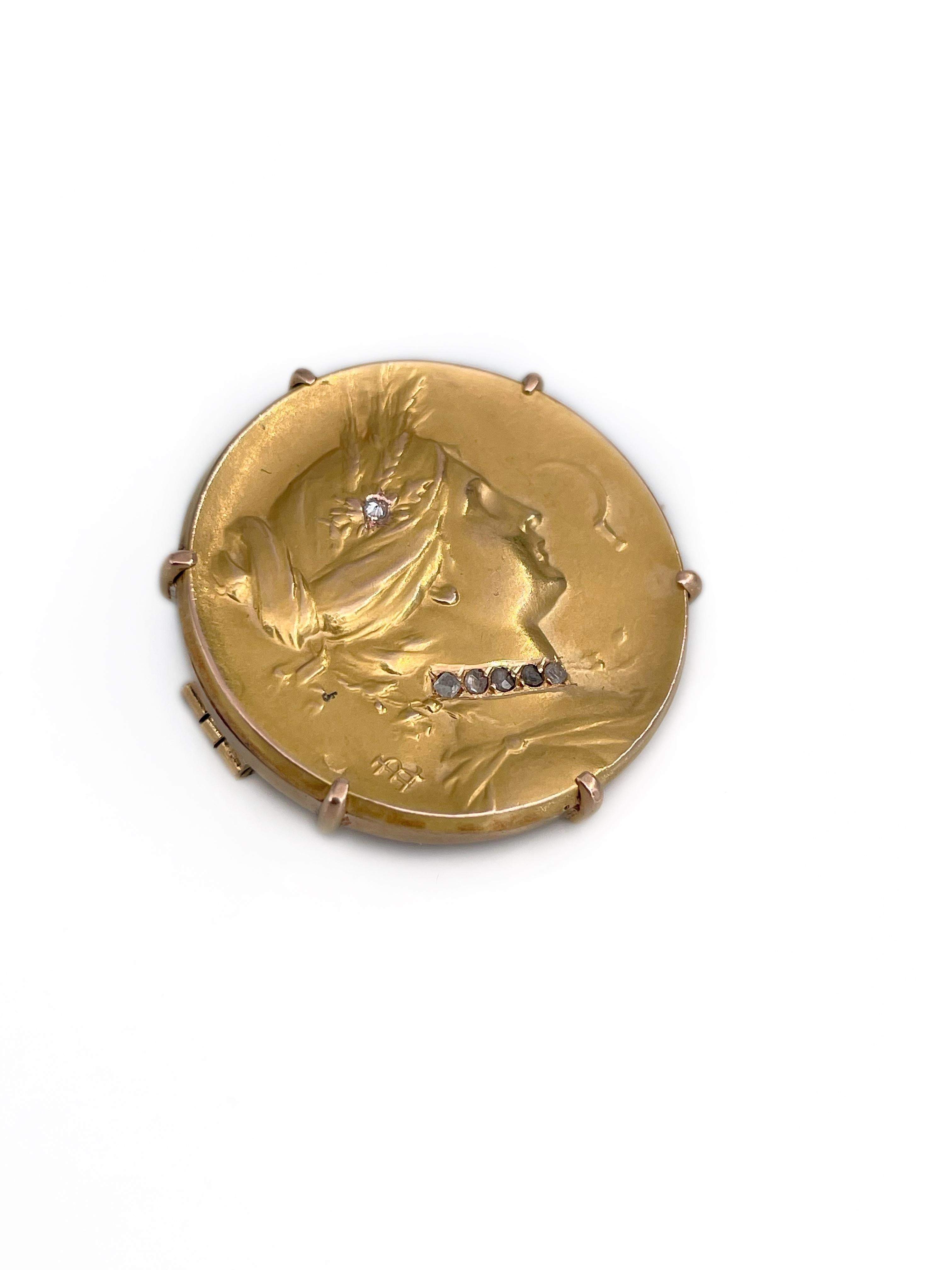 Rose Cut Louis Rault Art Nouveau 18 Karat Gold Diamond Harvest Goddess Pin Brooch For Sale