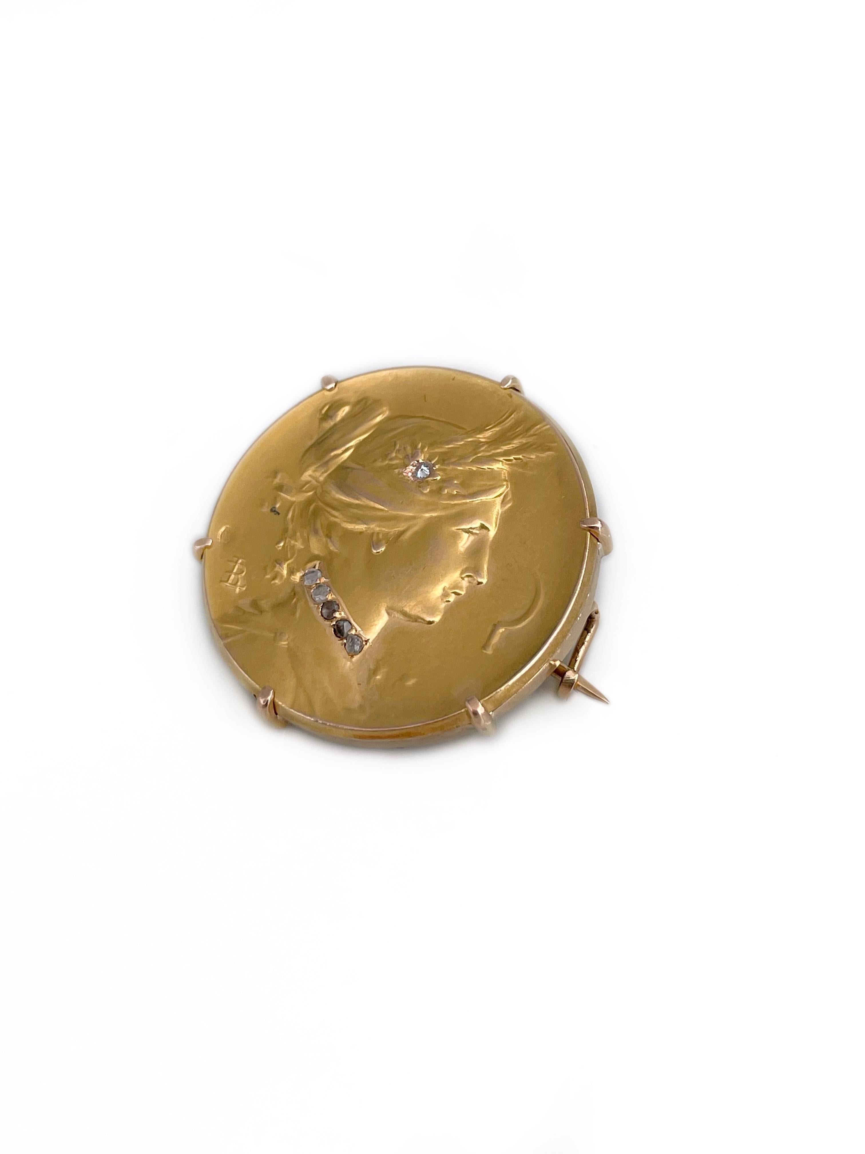 Louis Rault Art Nouveau 18 Karat Gold Diamond Harvest Goddess Pin Brooch In Good Condition For Sale In Vilnius, LT