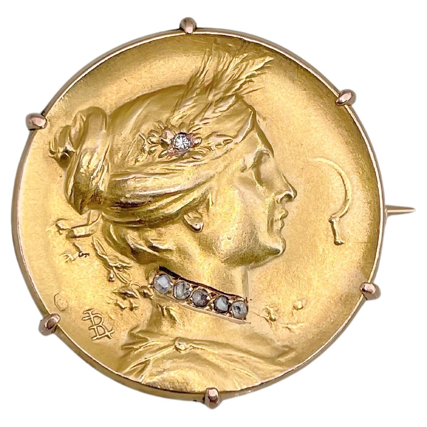 Louis Rault Art Nouveau 18 Karat Gold Diamond Harvest Goddess Pin Brooch For Sale