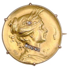 Antique Louis Rault Art Nouveau 18 Karat Gold Diamond Harvest Goddess Pin Brooch