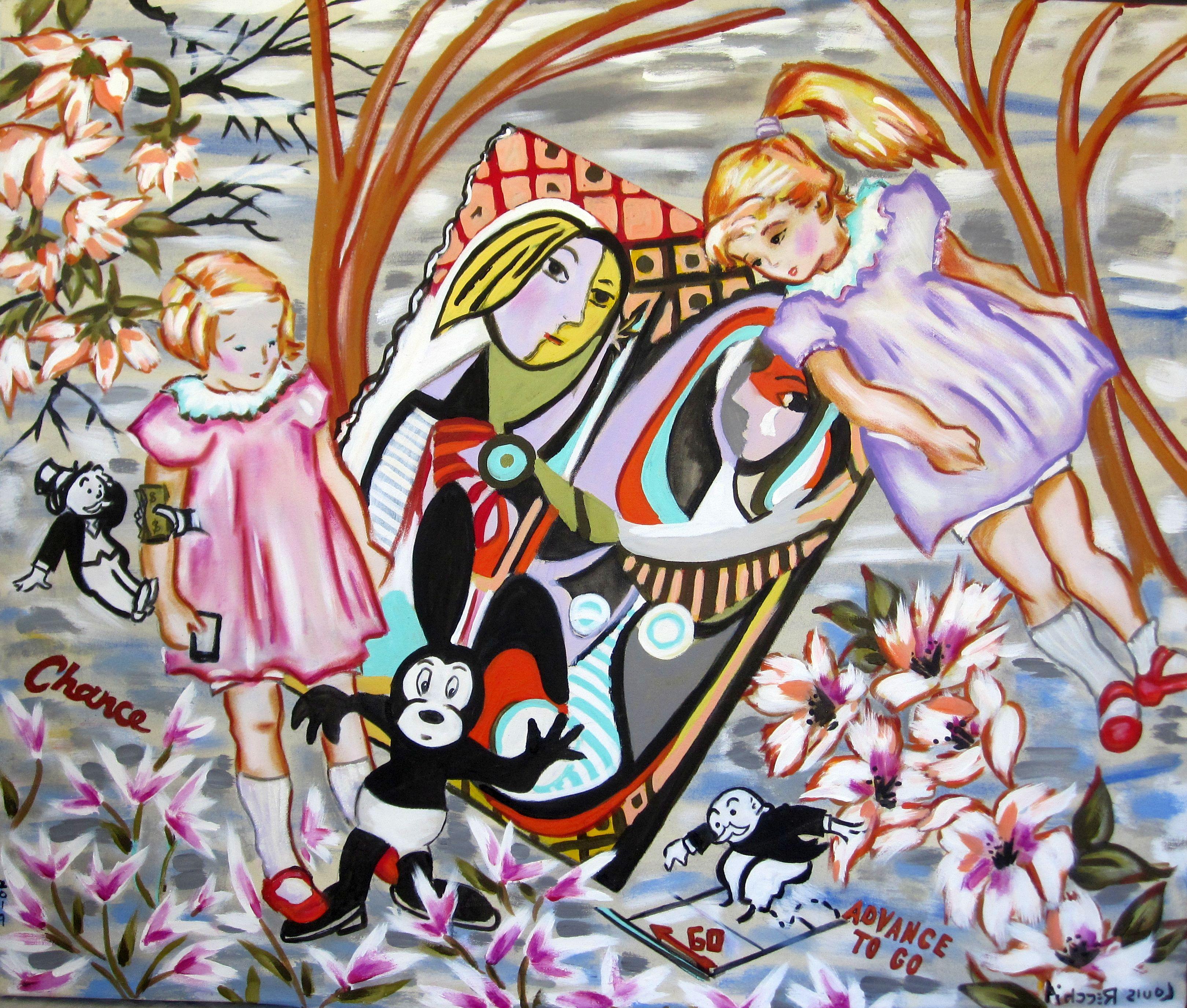 "Advance to Go" di Louis Recchia (USA) è un dipinto a olio su tela originale e fatto a mano. Questo pezzo raffigura diverse bambine  con i personaggi del Monopoly che avanzano nella scena. 

Informazioni sull'artista:
Louis Recchia produce arte