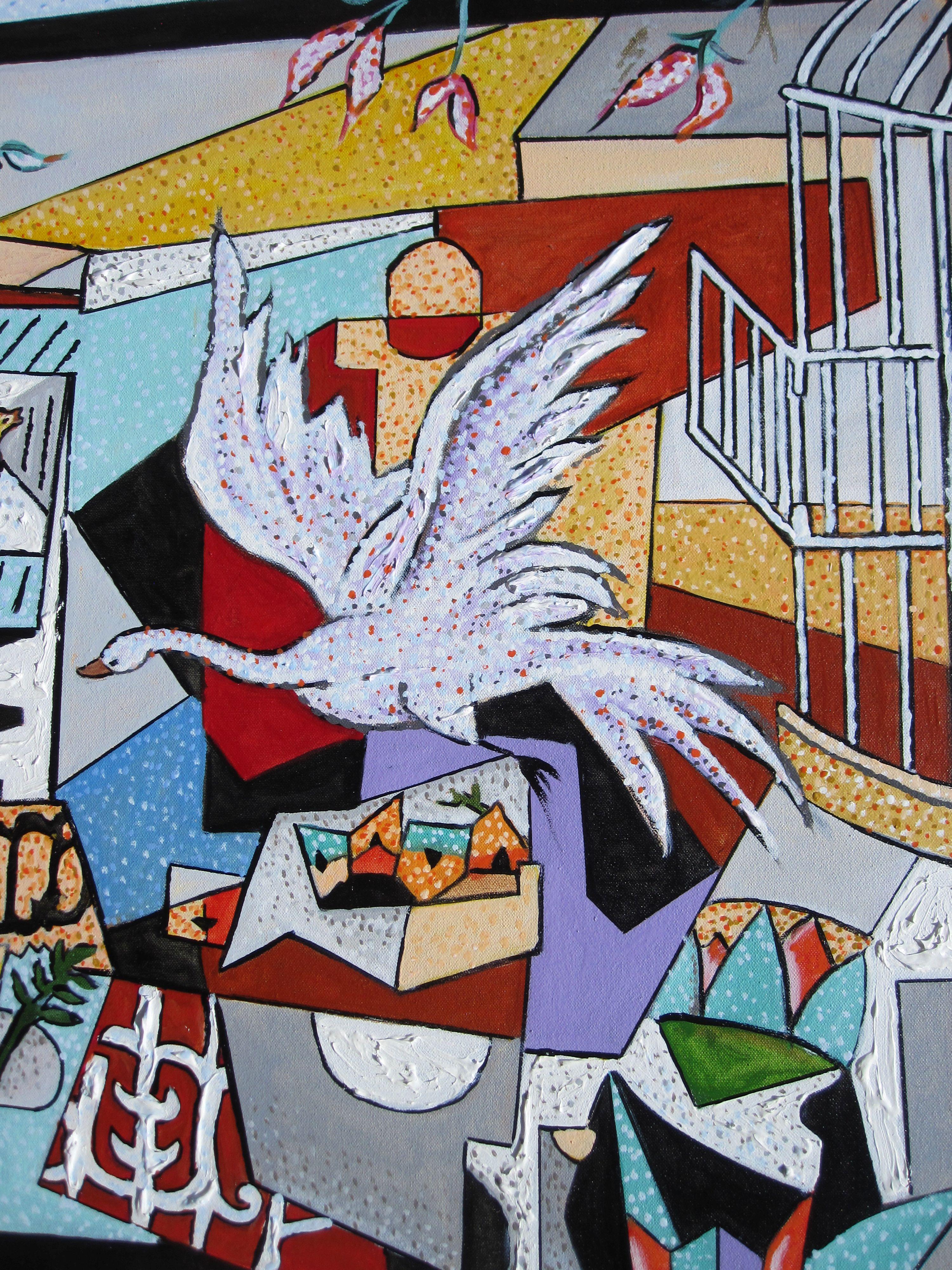 Peinture à l'huile « Interior with Picasso »  - Gris Animal Painting par Louis Recchia