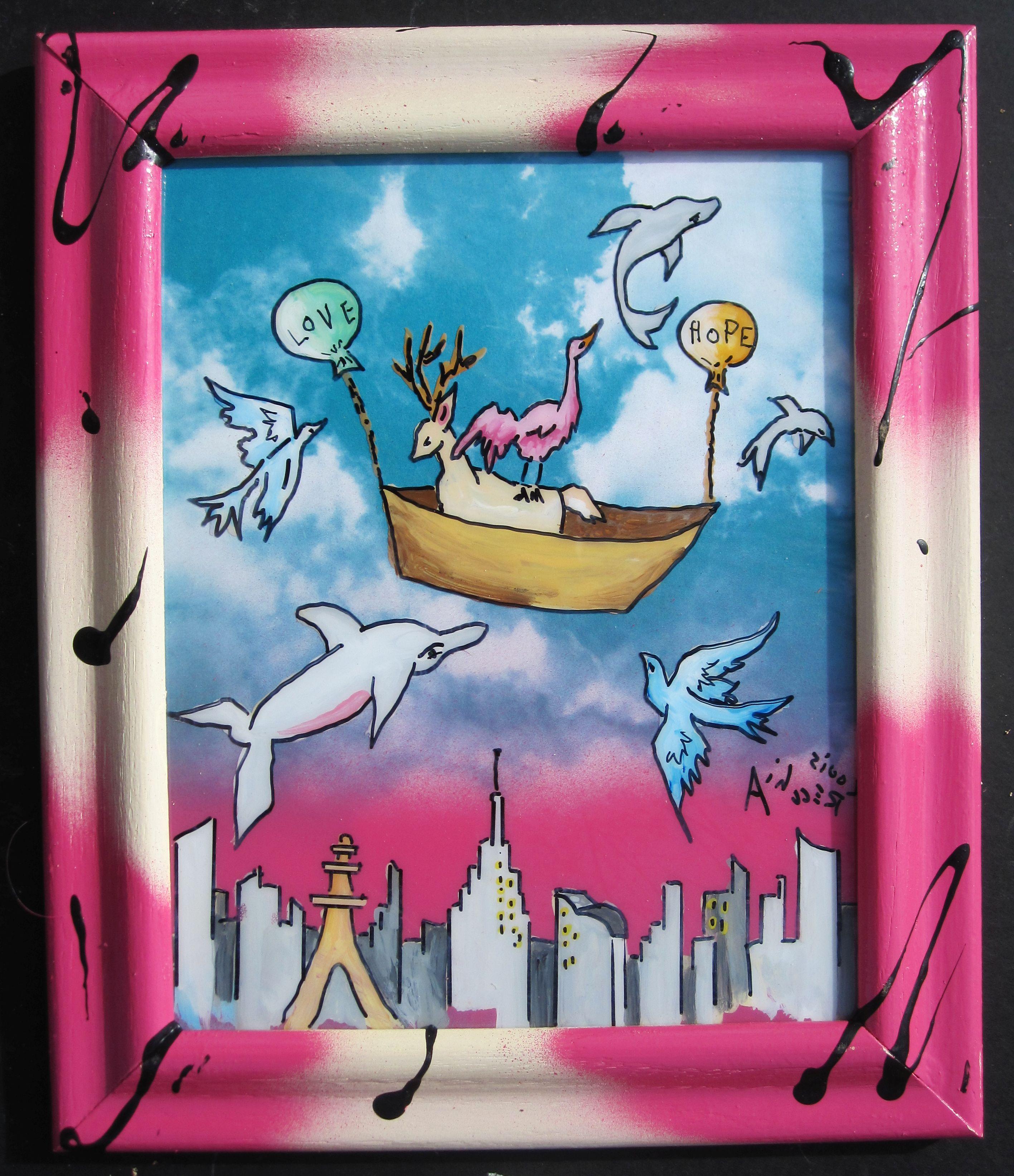 Amor y esperanza" de Louis Recchia es un cuadro original, hecho a mano, de técnica mixta, que representa un pequeño barco.  transportando varios animales, suspendidos por globos de amor y esperanza con una escolta de caprichosos delfines y pájaros.