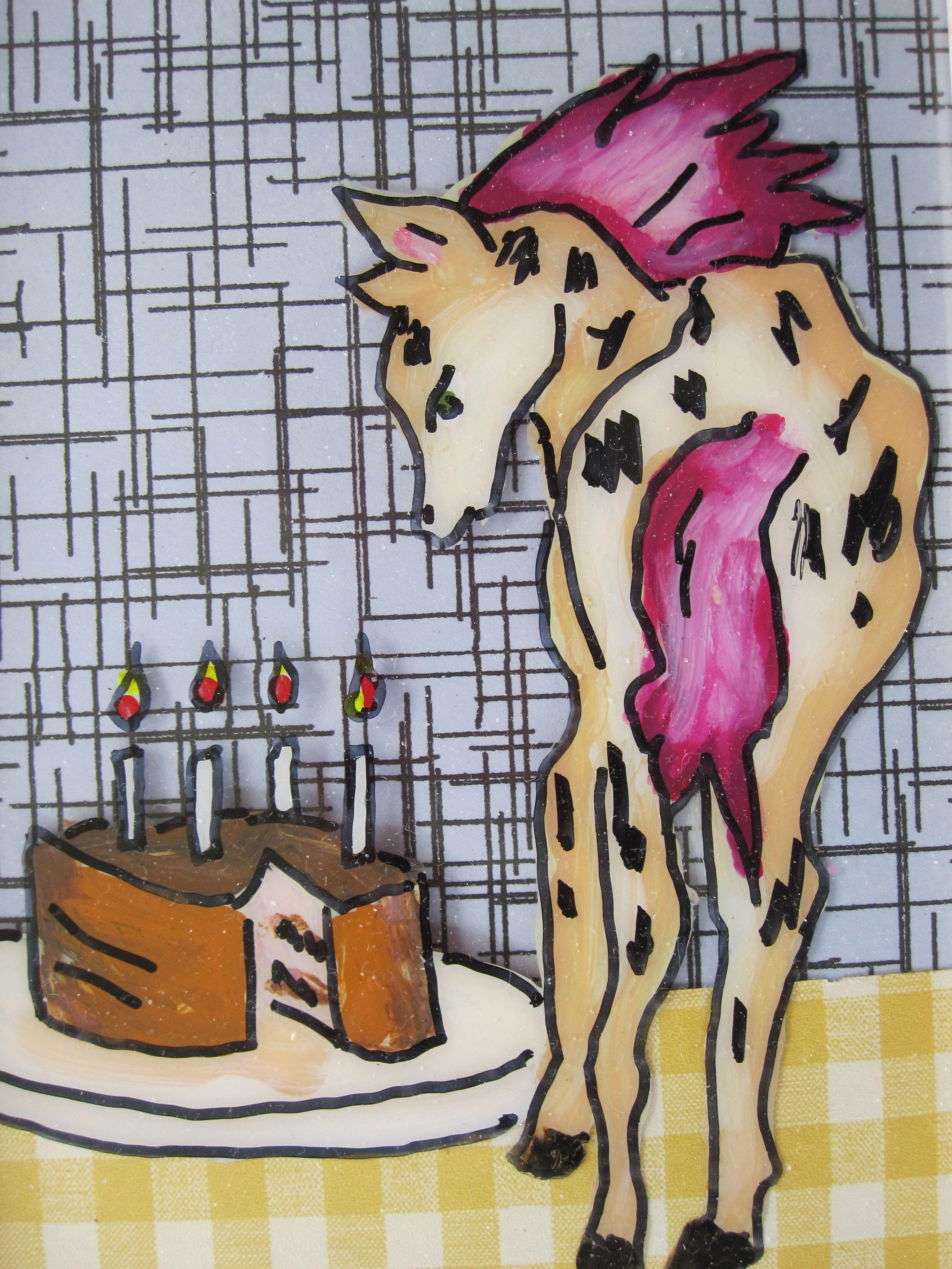 "Party On" di Louis Recchia è un dipinto originale, realizzato a mano con tecnica mista, che raffigura un cavallo maculato con criniera rosa e una favola accanto a una torta di compleanno. 

Louis Recchia produce arte contemporanea a Denver da oltre