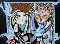 Peinture à l'huile « Miroir de Picasso avec chat »