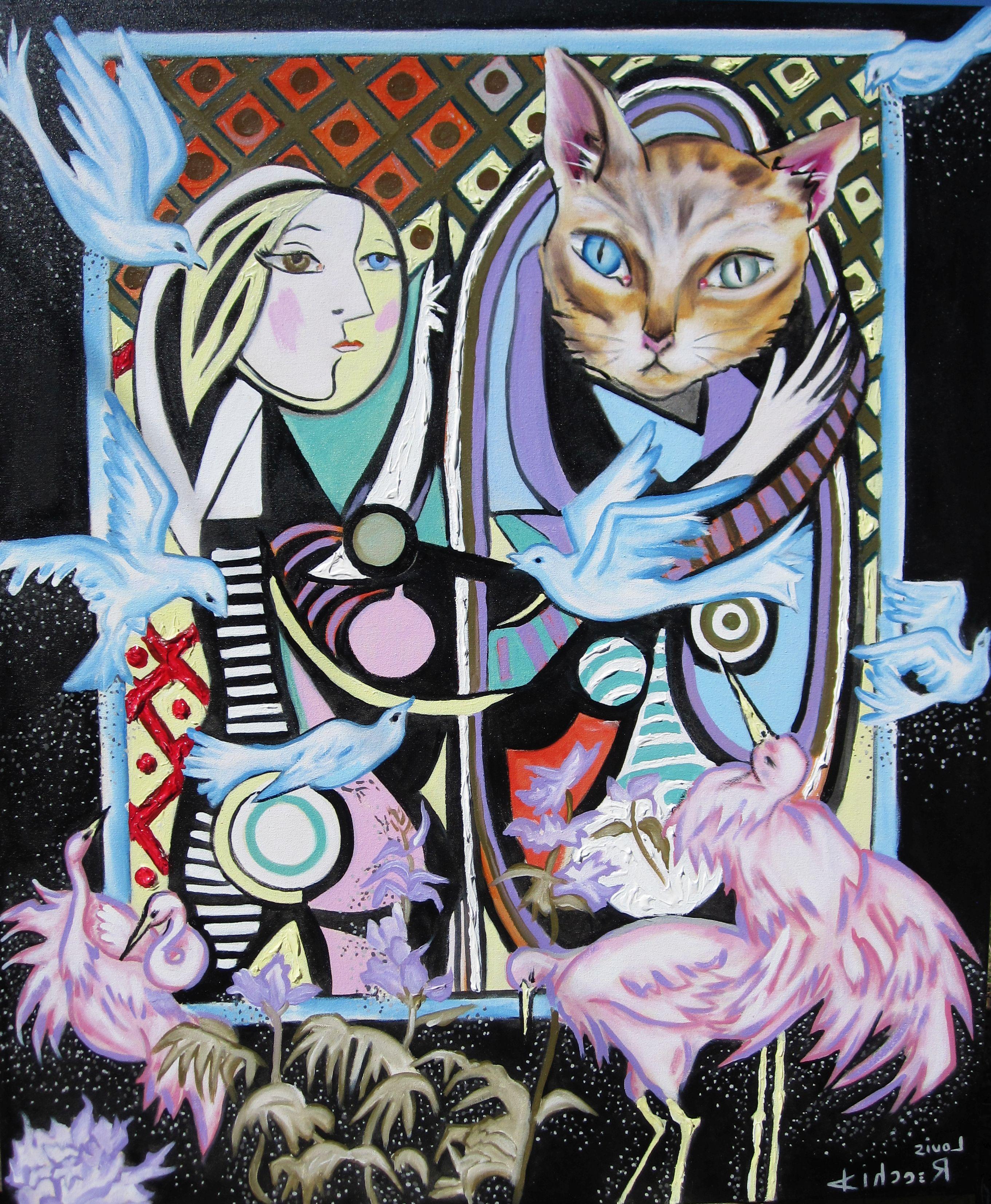 Louis Recchia Figurative Painting - "Picasso's Mirror with Cat, " Oil Painting 