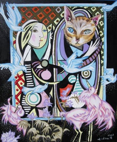 "Picasso's Mirror with Cat, " Oil Painting 
