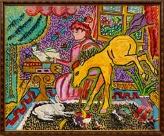 Vibrant Original Acrylic Painting 'Rainy Day' Interior Scene with Woman Reading