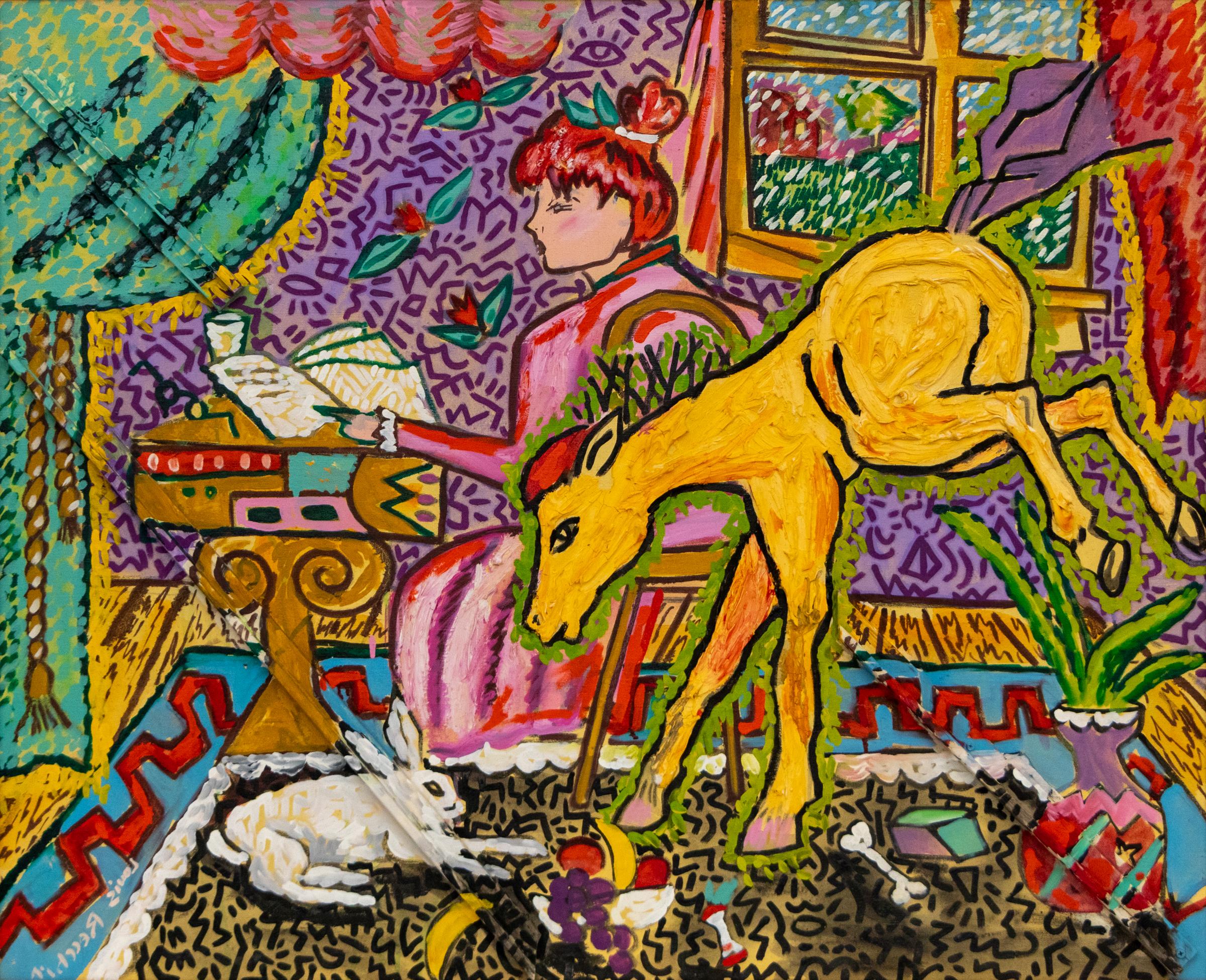 Pittura acrilica originale "Giorno di pioggia", scena d'interno con donna che legge