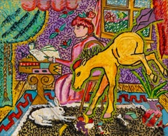 Pintura acrílica original vibrante "Día lluvioso" Escena interior con mujer leyendo