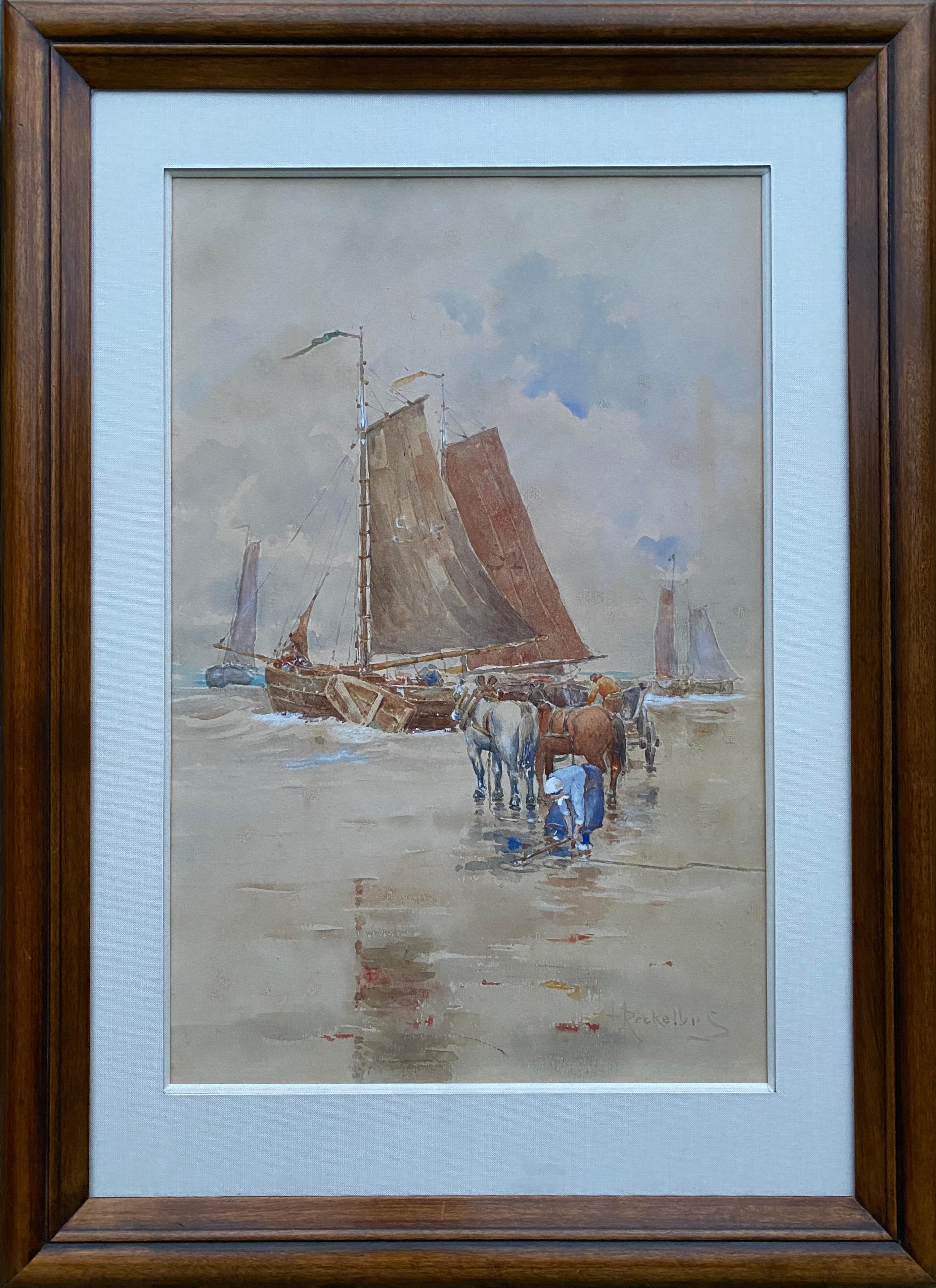 Pescatore che scarica il pescato sulla spiaggia di Scheveningen, Louis Reckelbus, Firmato