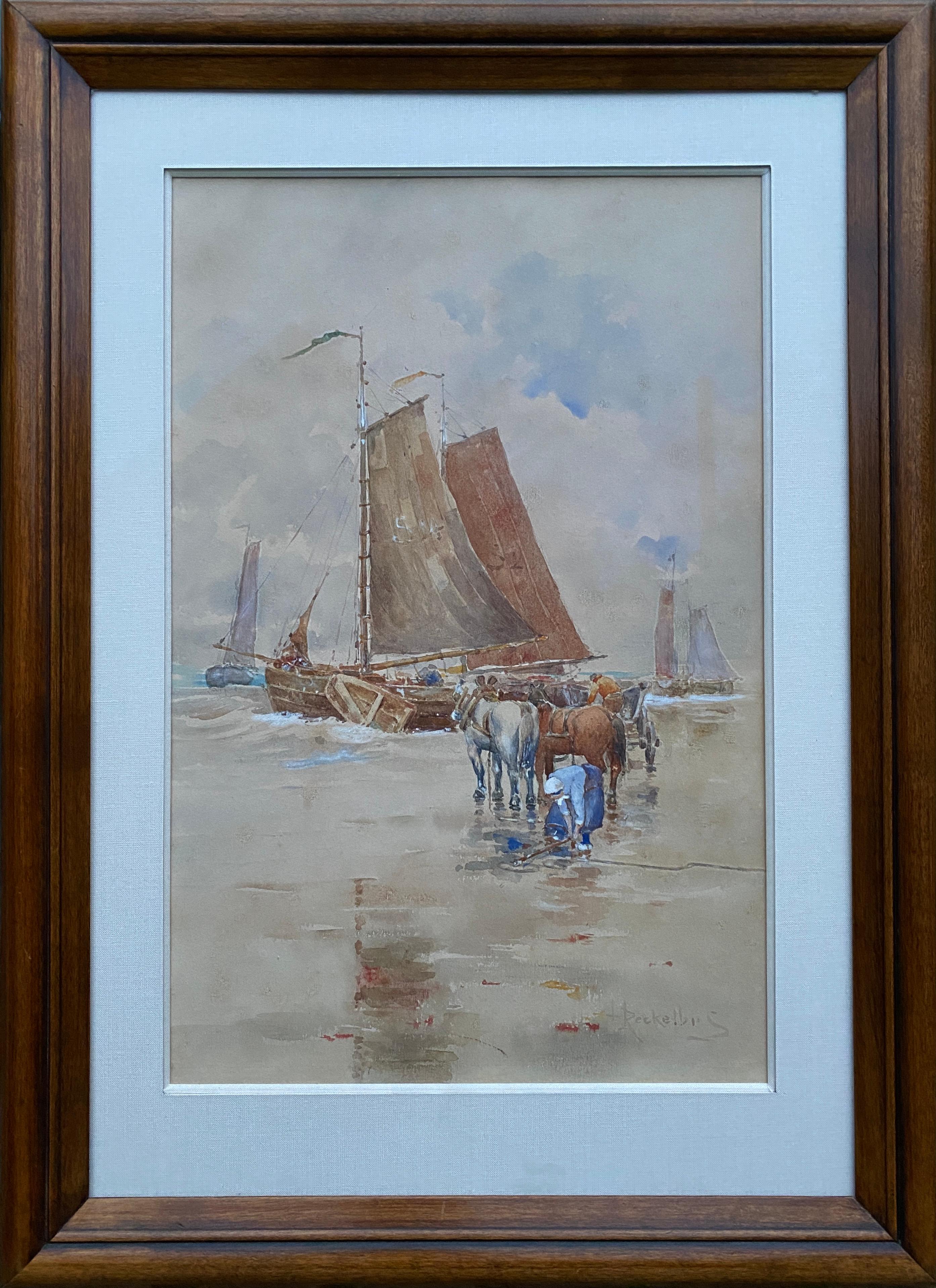 Fisherman unloading their catch at Scheveningen Beach, Louis Reckelbus, Signed