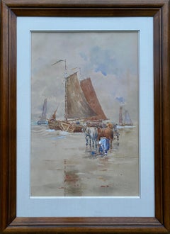 Antique Fisherman unloading their catch at Scheveningen Beach, Louis Reckelbus, Signed