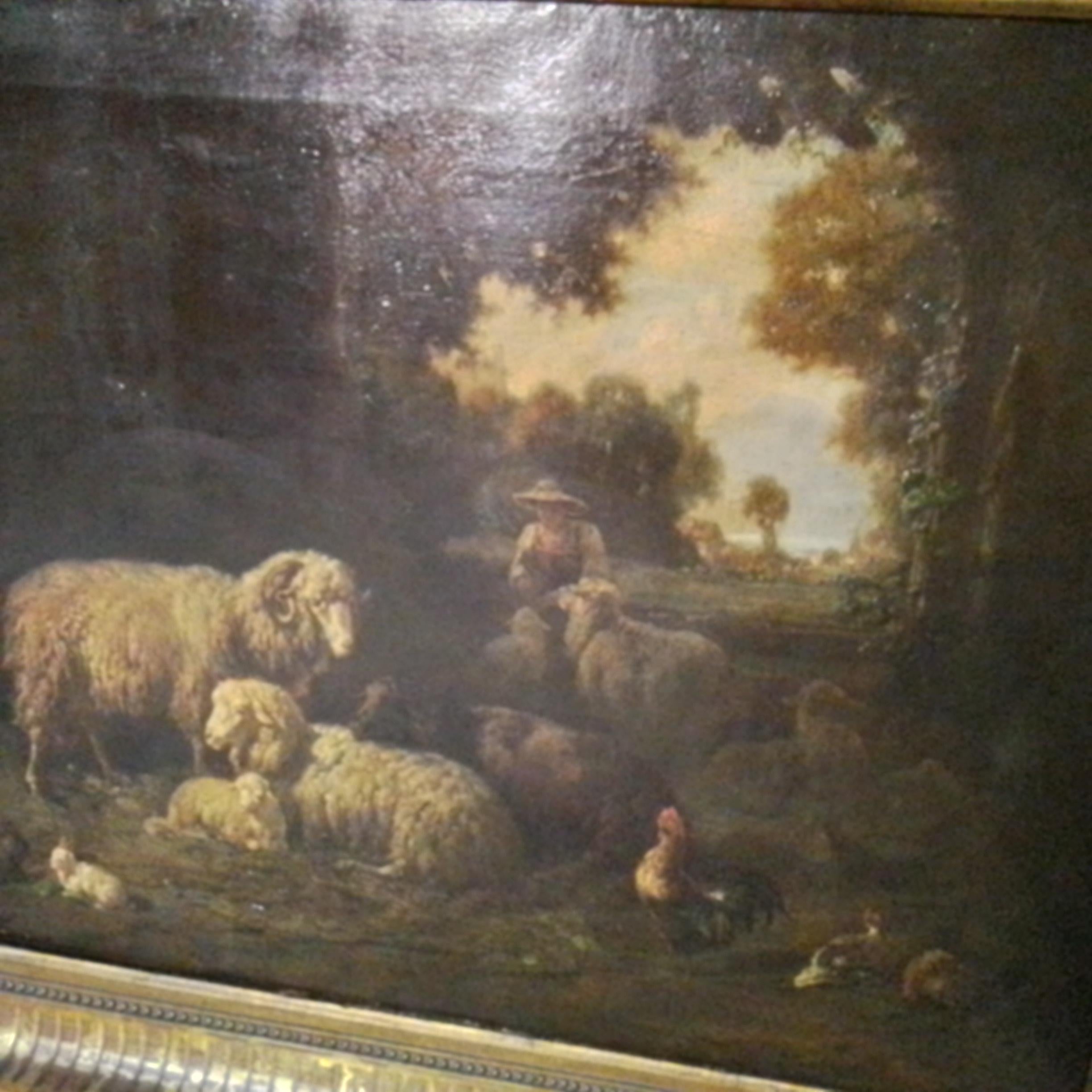 Antikes Kunstgemälde mit Schafen in einer Scheune im Angebot 14