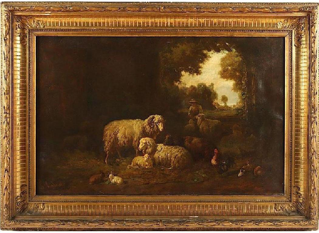 Cuadro de arte antiguo con ovejas en un establo