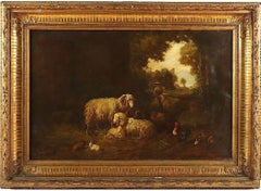 Cuadro de arte antiguo con ovejas en un establo