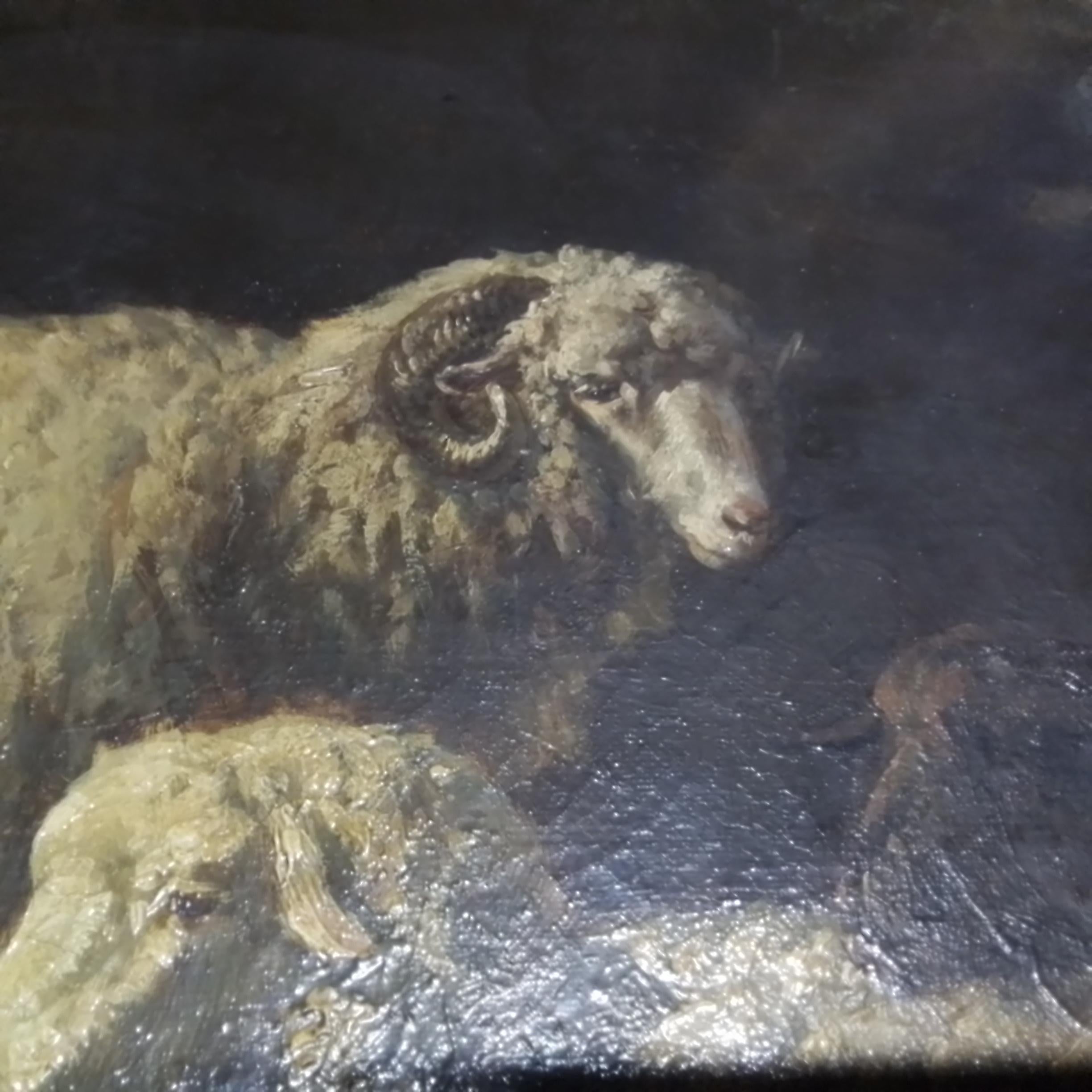 Antikes Kunstgemälde mit Schafen in einer Scheune im Angebot 3