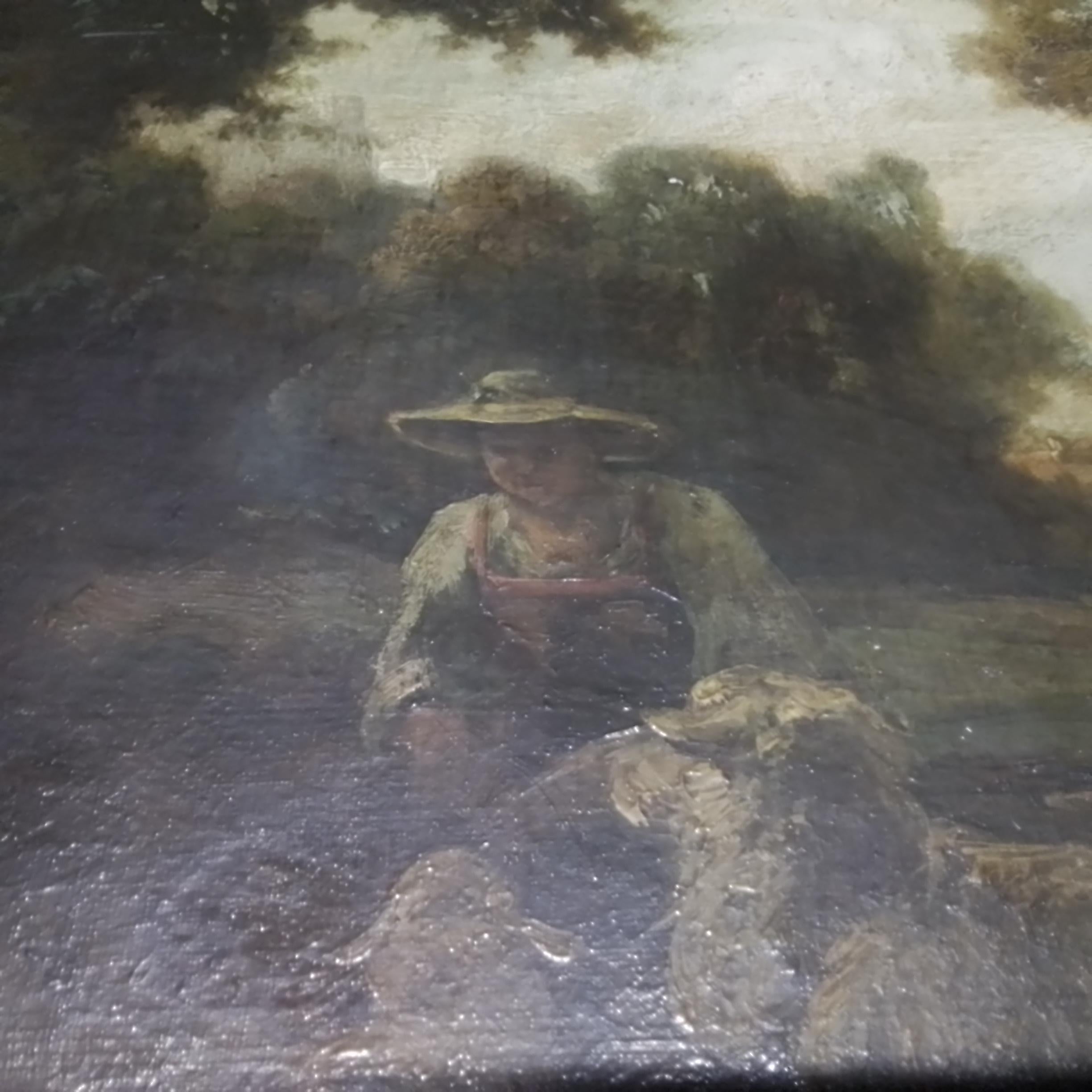 Antikes Kunstgemälde mit Schafen in einer Scheune im Angebot 5
