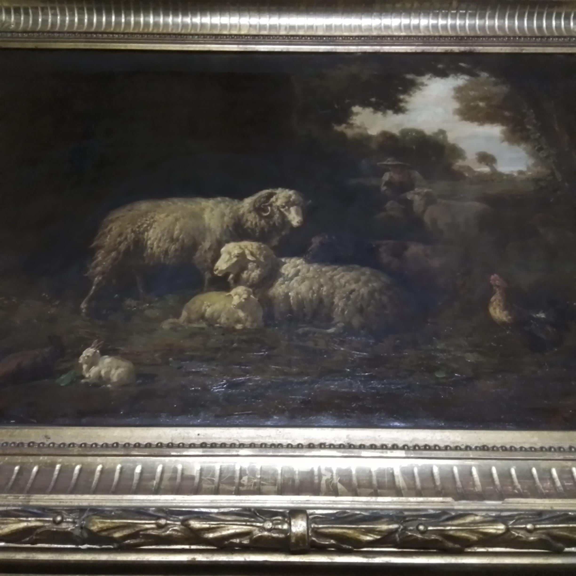 Antikes Kunstgemälde mit Schafen in einer Scheune (Impressionismus), Painting, von Louis Reinhardt
