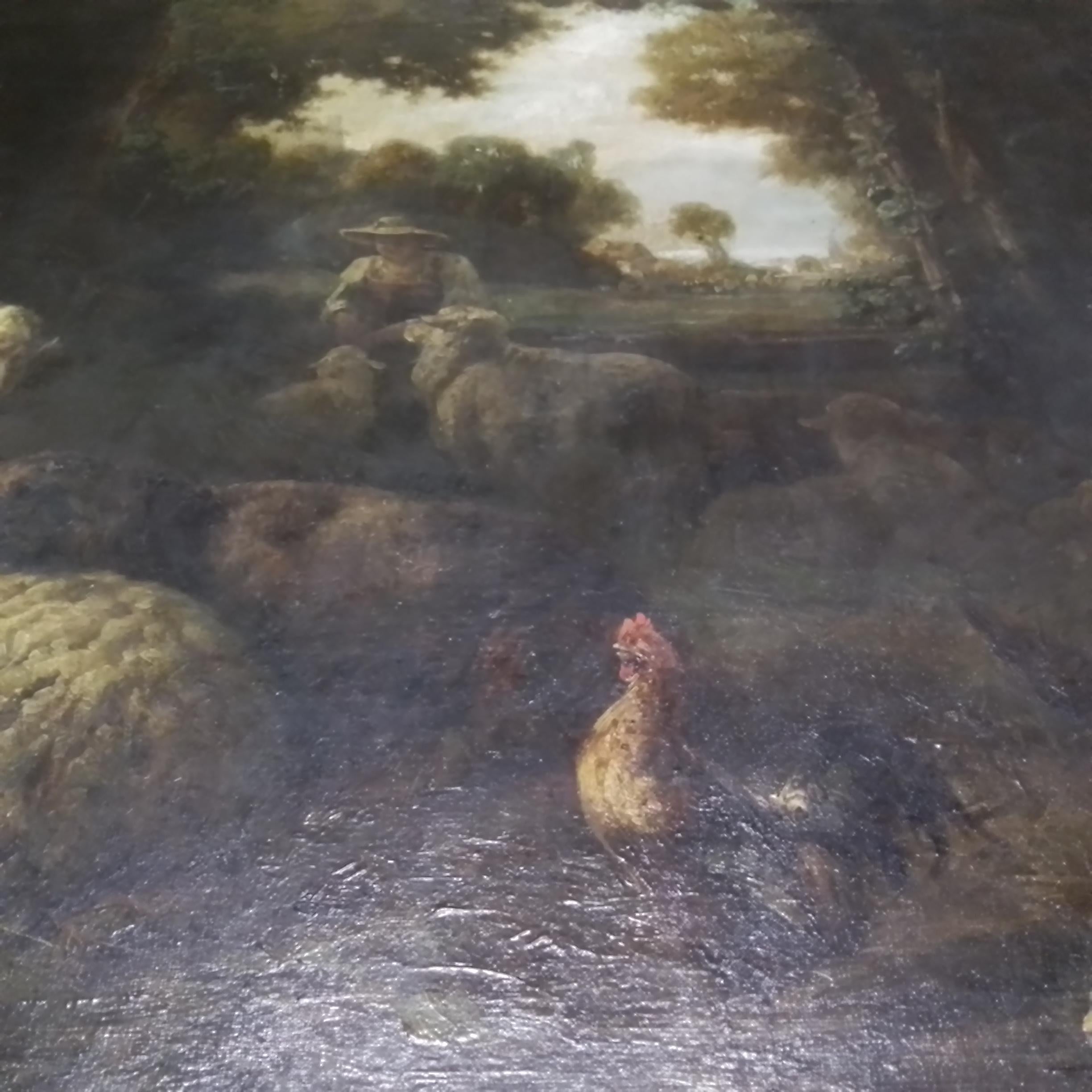 Antikes Kunstgemälde mit Schafen in einer Scheune (Braun), Landscape Painting, von Louis Reinhardt