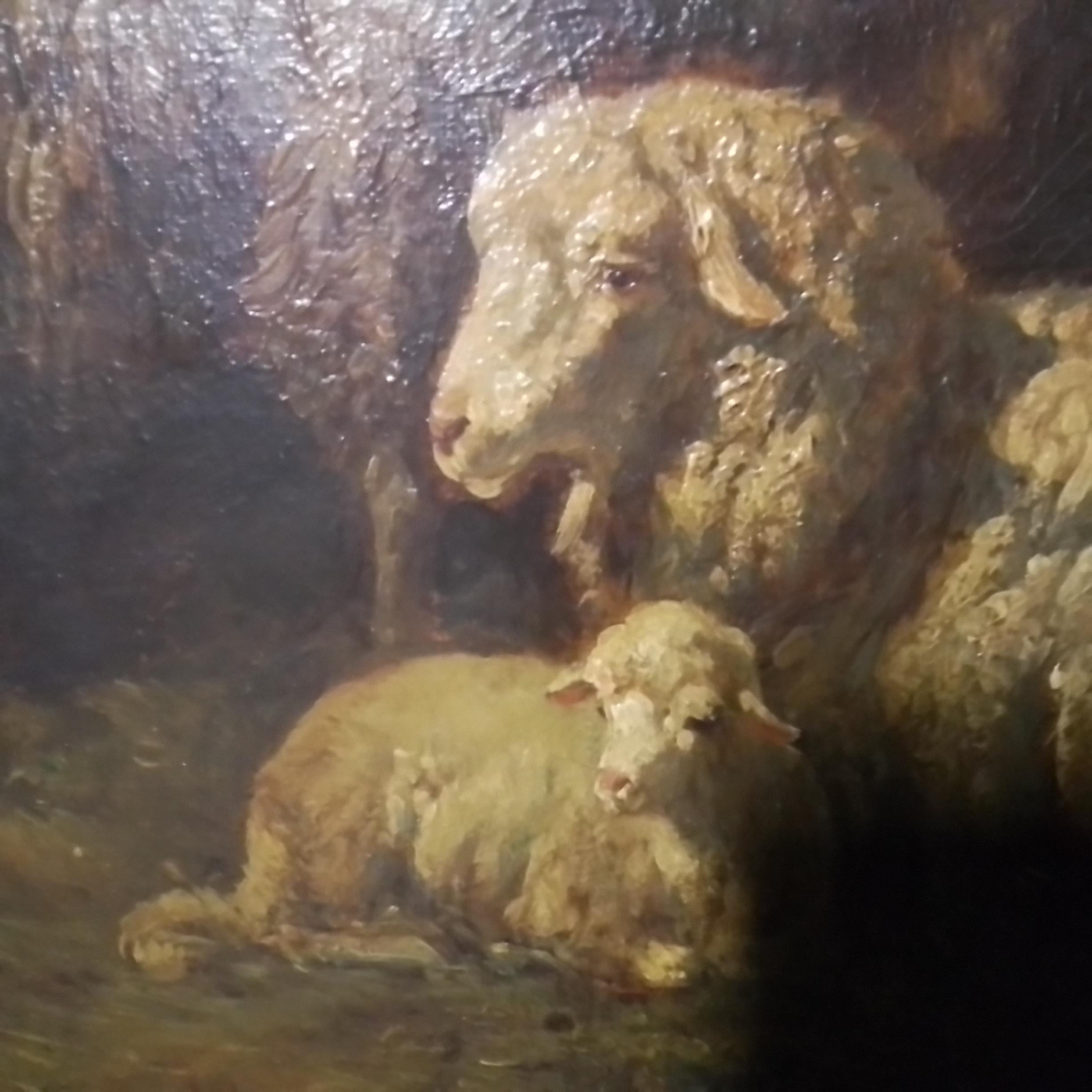 Antikes Kunstgemälde mit Schafen in einer Scheune im Angebot 10