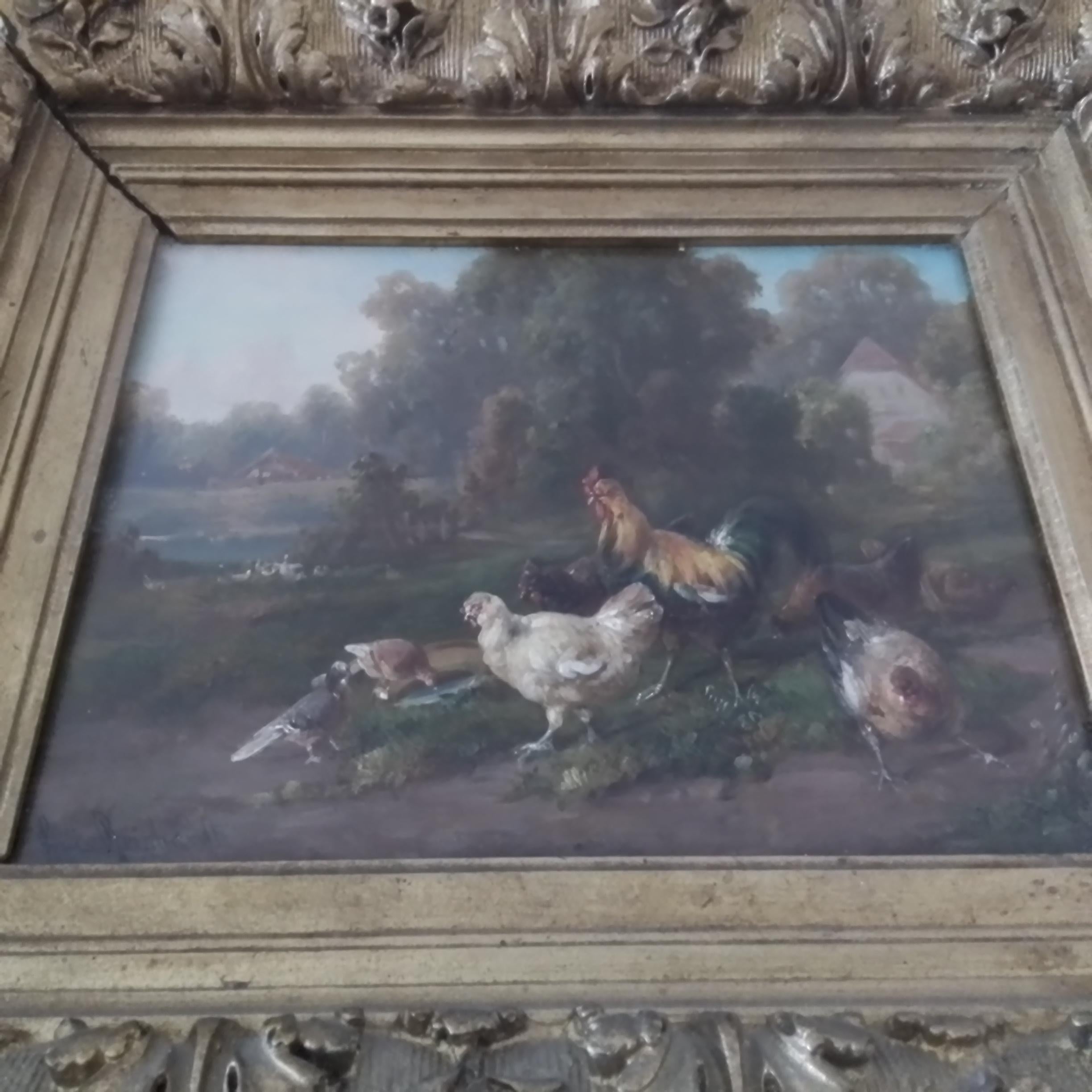 Komposition mit Hahn und Hennen (Französische Schule), Painting, von Louis Reinhardt 