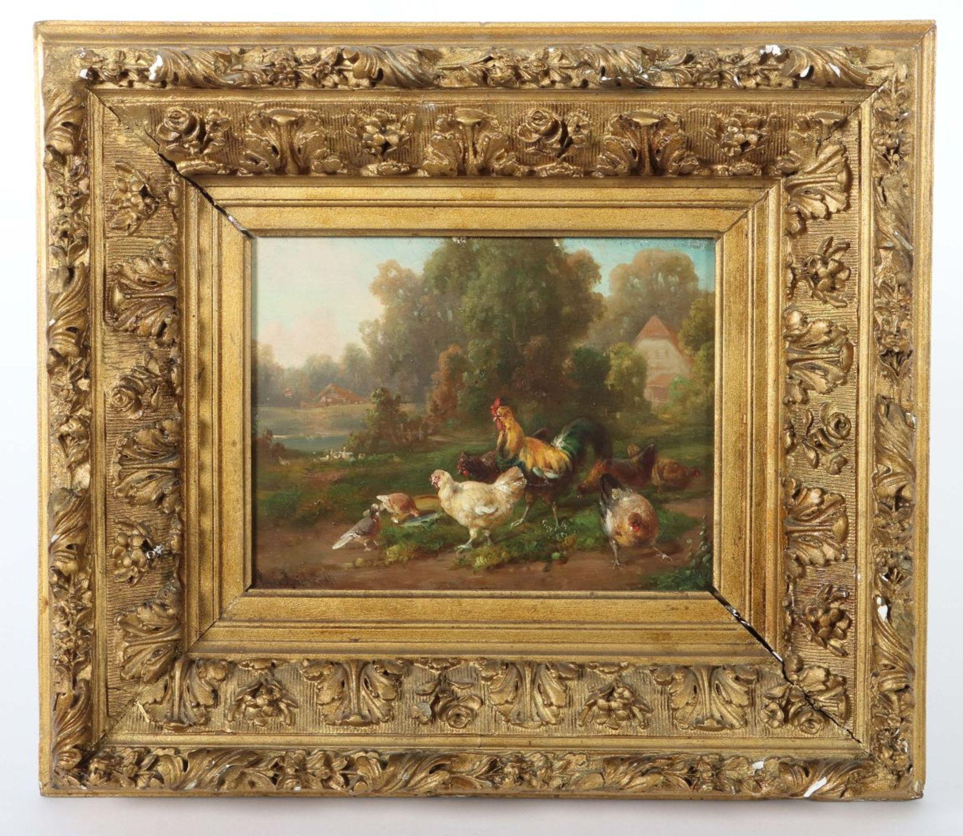 Composición con gallo y gallinas
