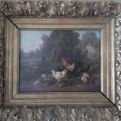 Composition with Rooster and Hens, Oil on Board, French School, 1860s