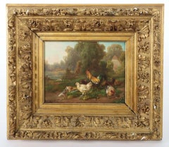 Composition with Rooster and Hens, Oil on Board, French School, 1860s