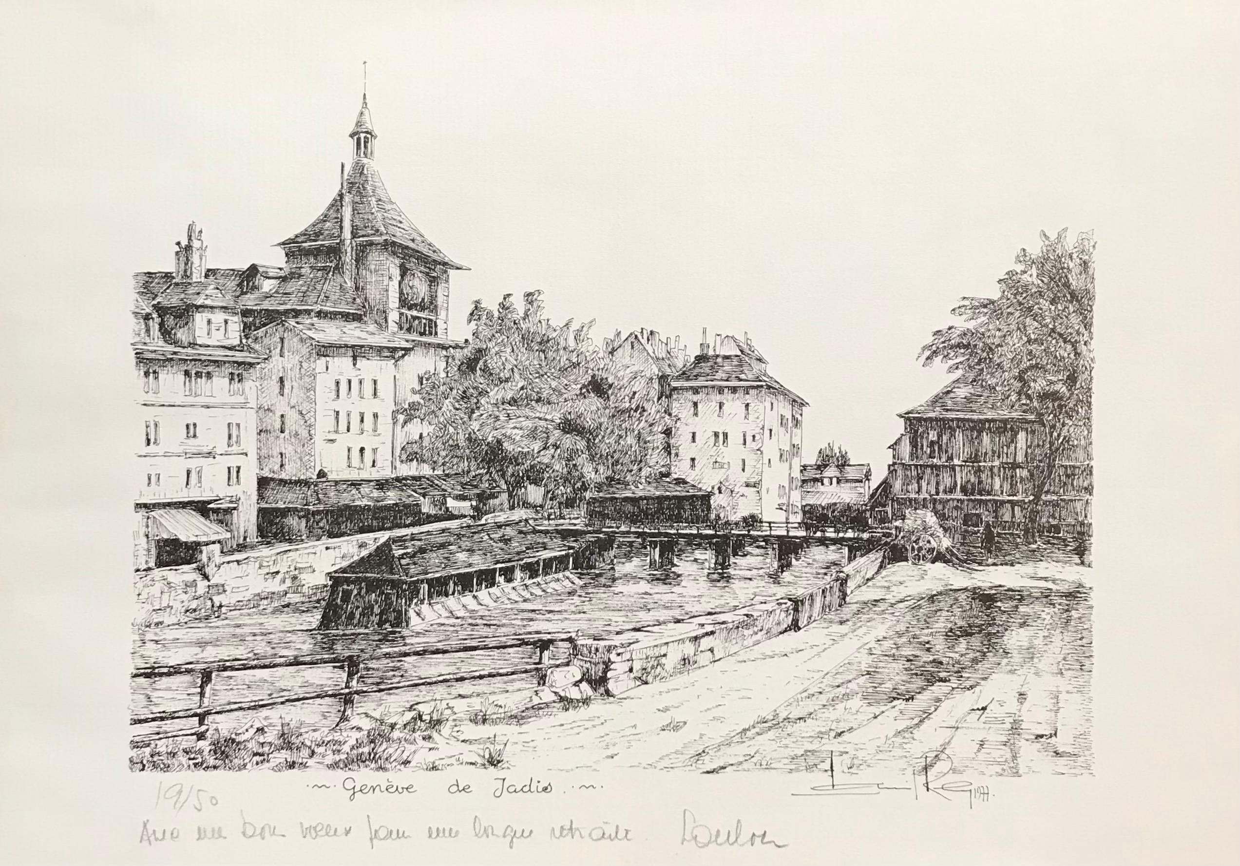 Louis Rey . Landscape Print - Geneva of yesteryear by Louis Rey - Ink 31x41 cm