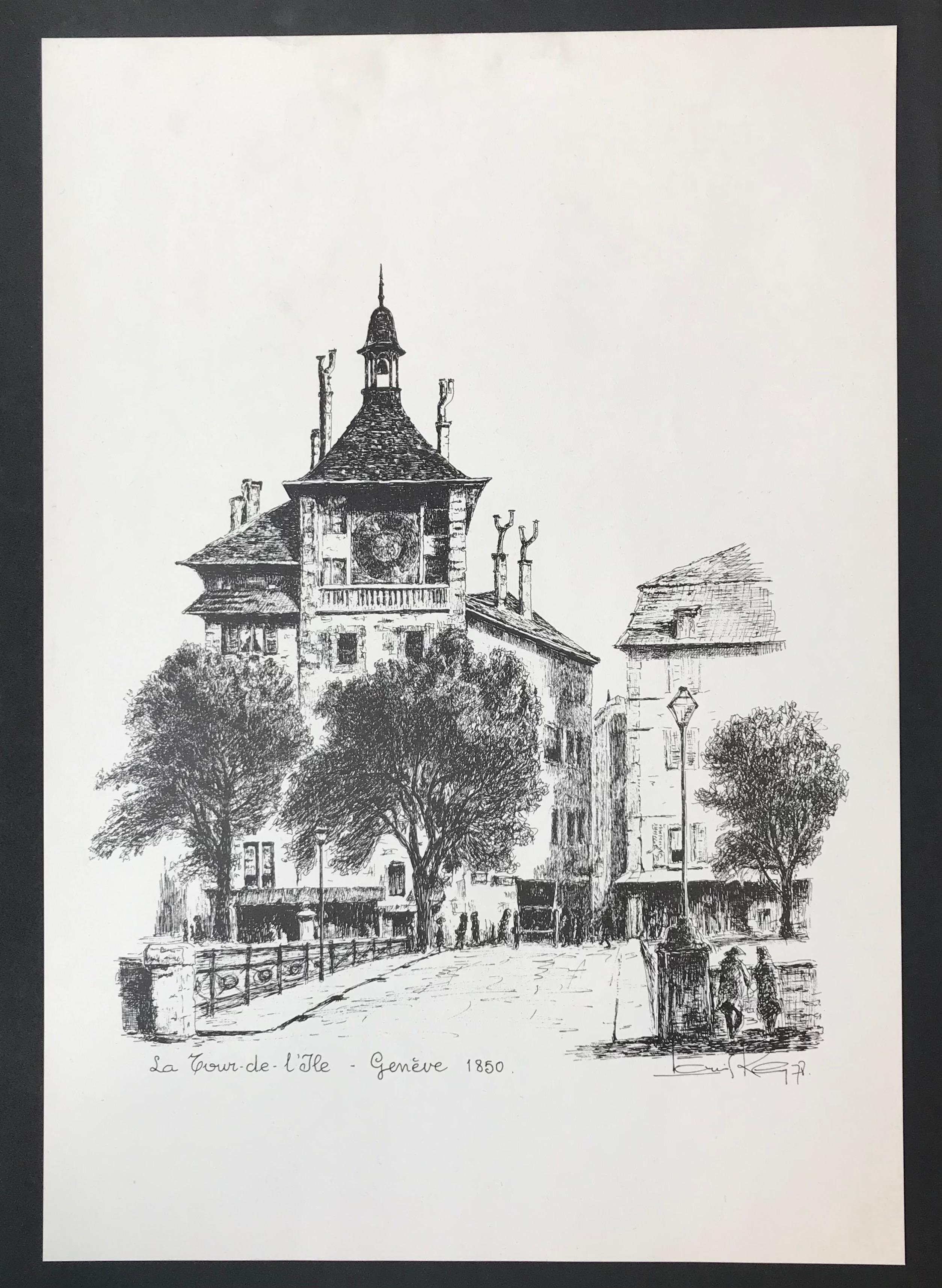 La torre de la isla, Ginebra 1850 por Louis Rey - Grabado 44x30 cm - Print de Louis Rey .