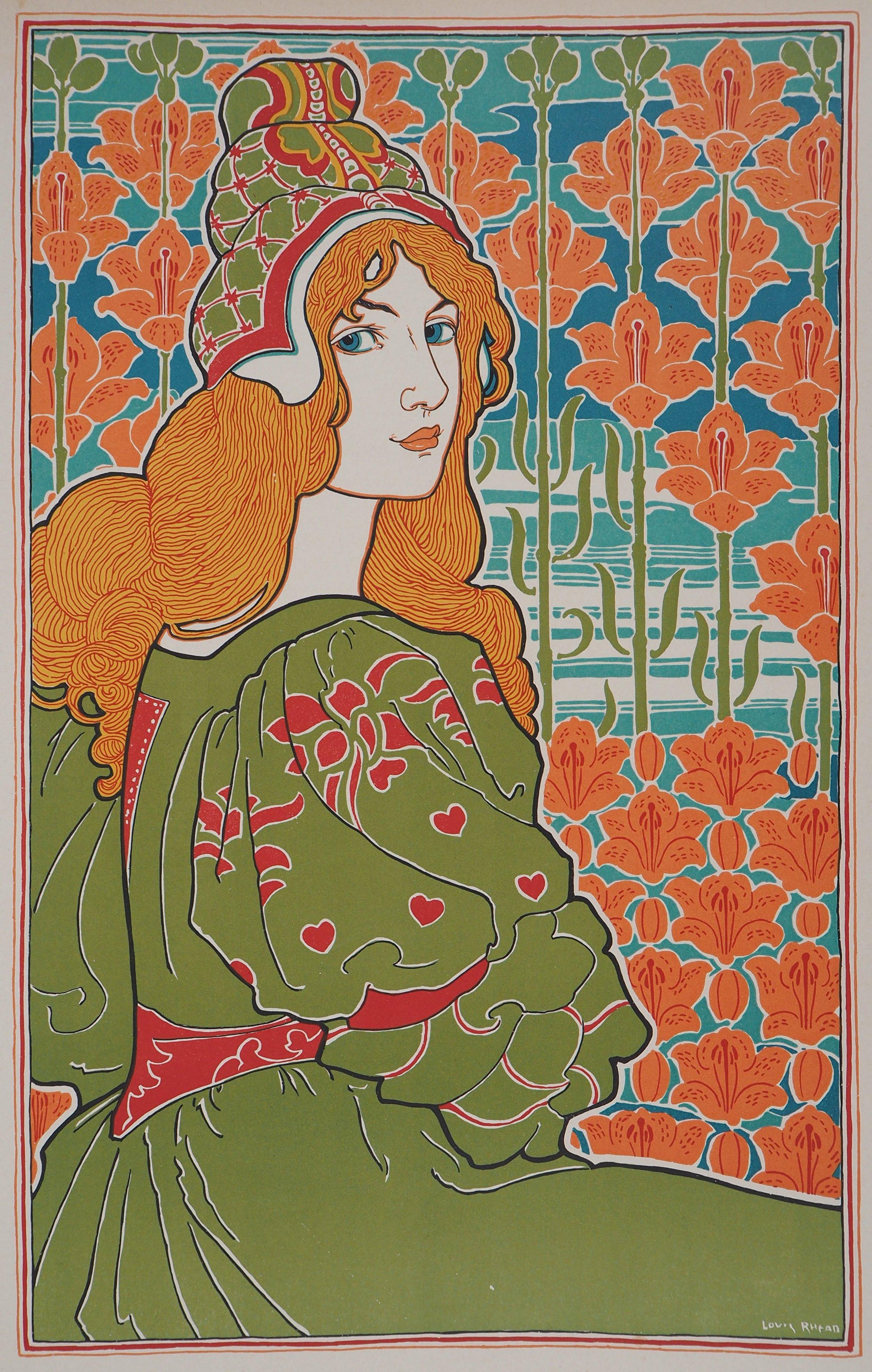 Ritratto di donna in stile liberty con gigli: Jane - Litografia originale 1899 - Print di Louis Rhead