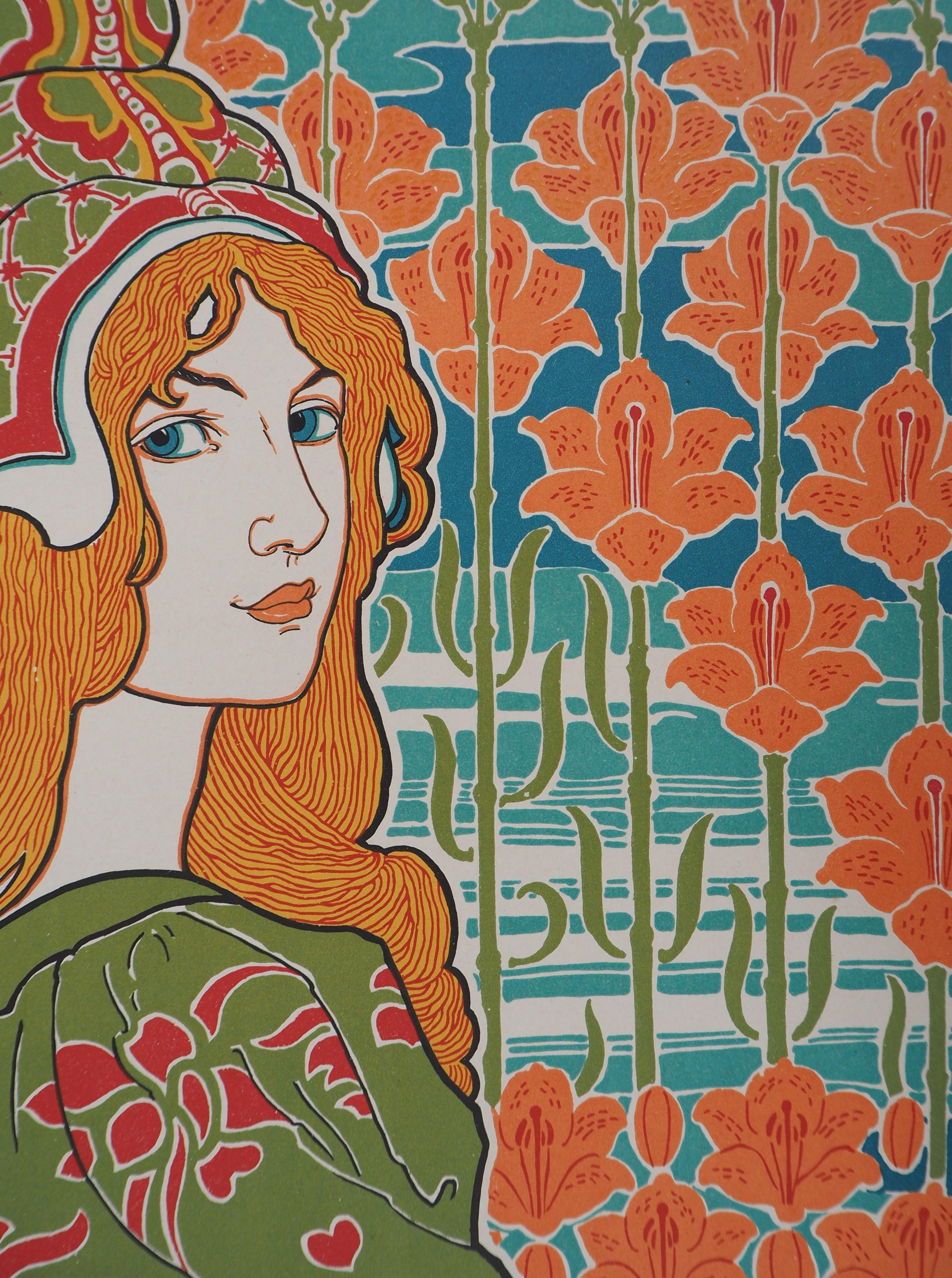 Ritratto di donna in stile liberty con gigli: Jane - Litografia originale 1899 - Print Art Nouveau di Louis Rhead