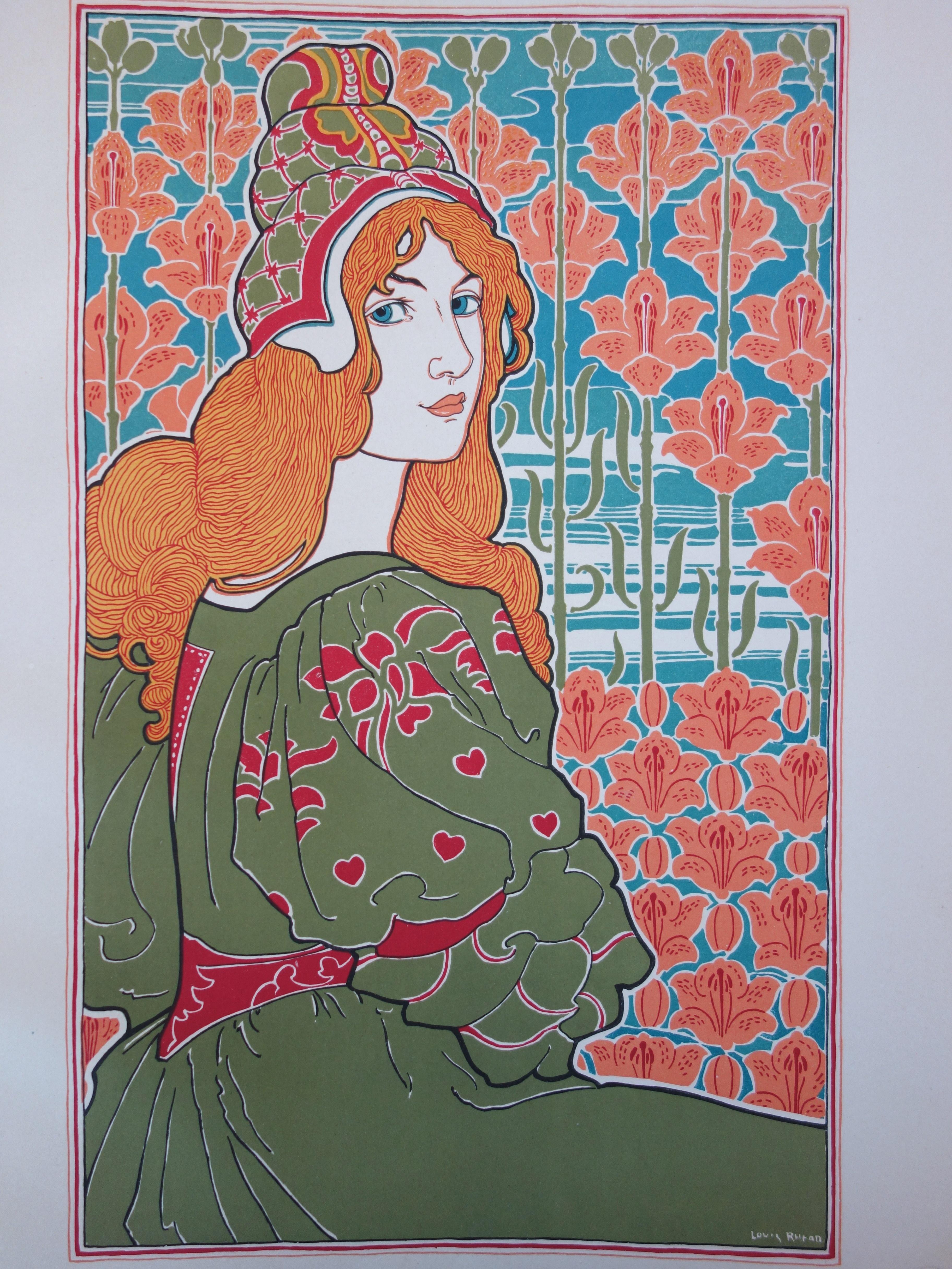 Ritratto di donna in stile liberty con gigli: Jane - Litografia originale 1899 in vendita 3
