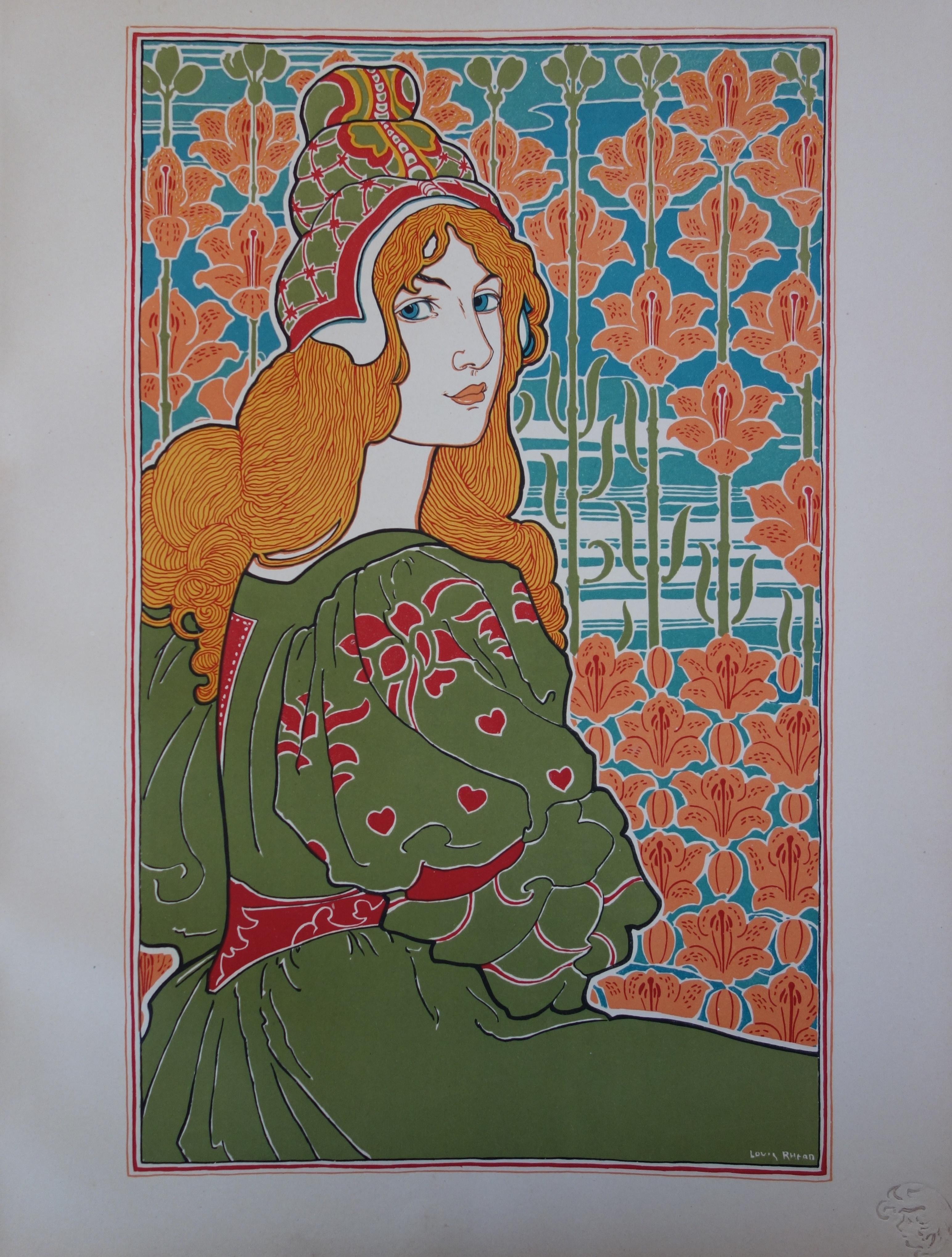 Figurative Print di Louis Rhead - Ritratto di donna in stile liberty con gigli: Jane - Litografia originale 1899