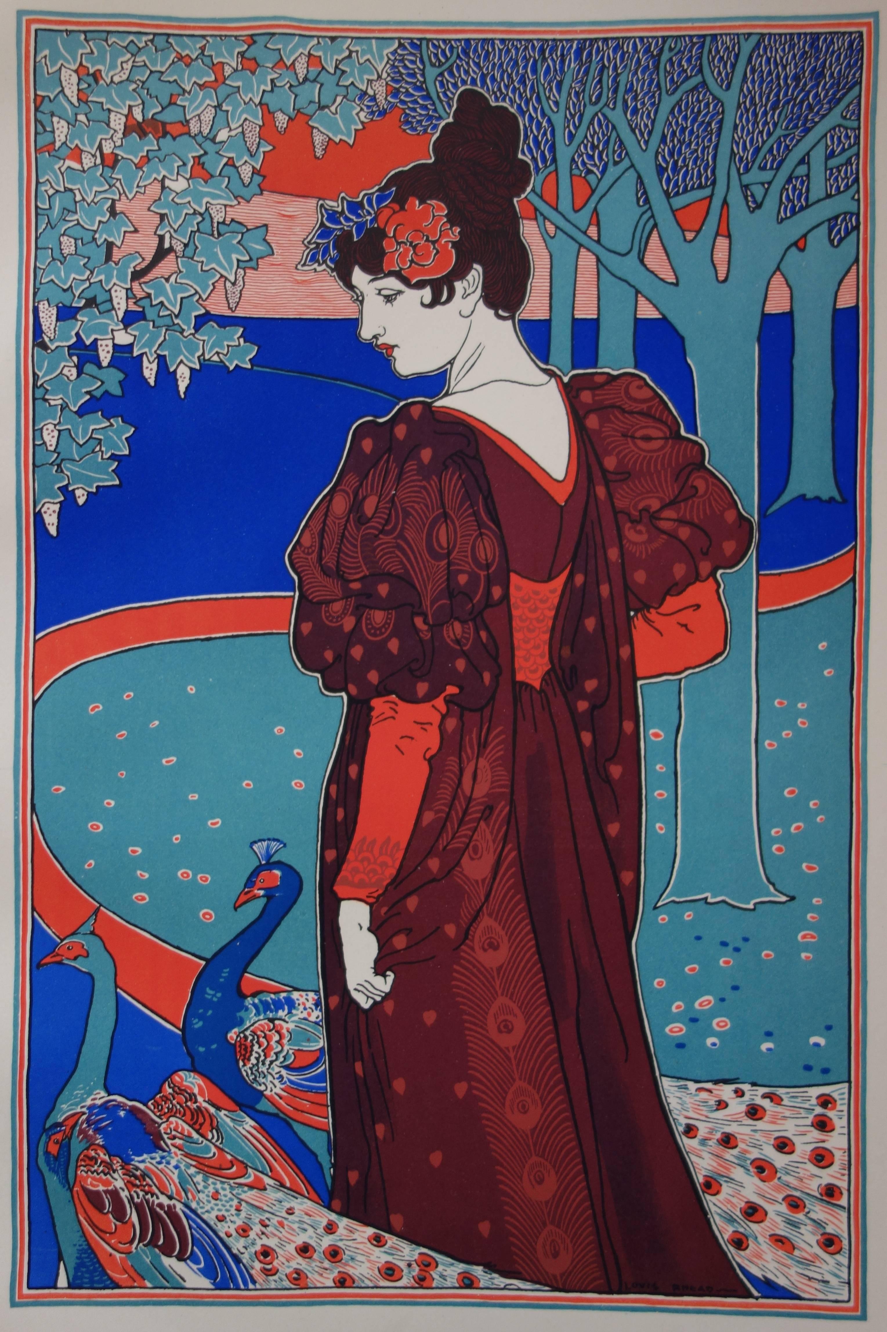 La Femme au Paon (Donna con pavone) - litografia originale (1897/98) - Print Art Nouveau di Louis Rhead