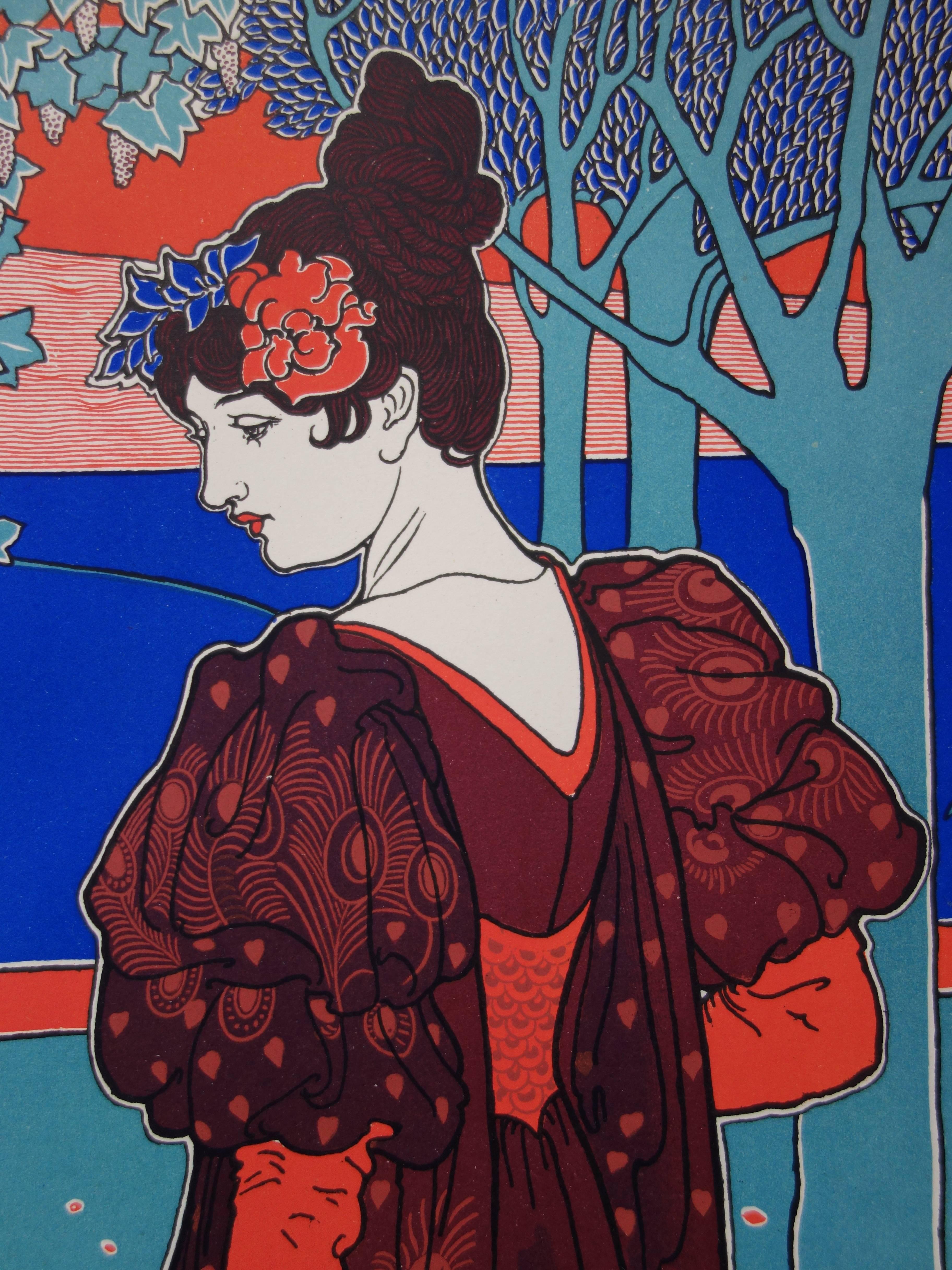 La Femme au Paon (Donna con pavone) - litografia originale (1897/98) - Figurative Print Grigio di Louis Rhead