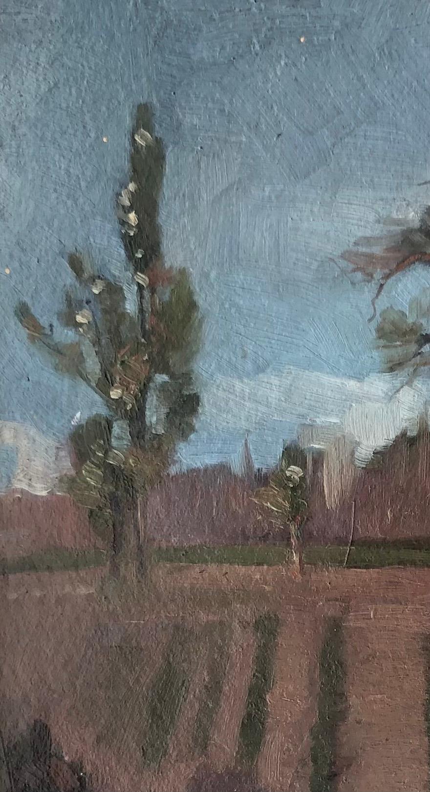 Arbeiten auf Karton

Maße mit Rahmen43,5 x 36 x 3 cm
Dieses fesselnde Werk zeigt eine ruhige ländliche Landschaft, die von einem rustikalen Haus mit einem dezenten roten Dach gekrönt wird. Zwei imposante Bäume stehen majestätisch auf der Leinwand
