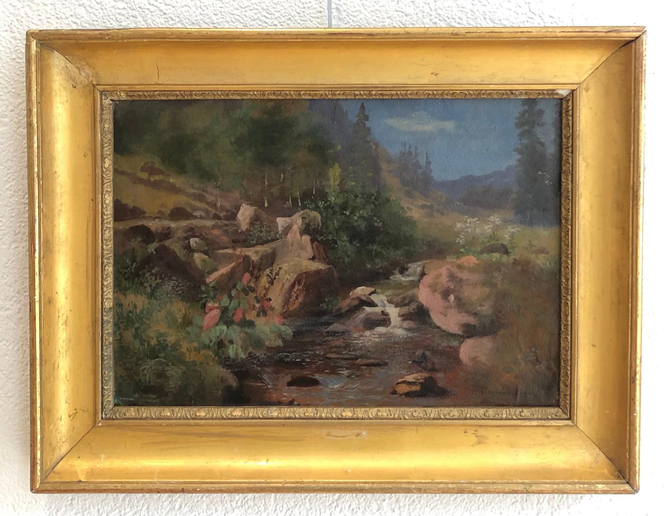 Mountain landscape by the stream - Painting by Louis Rheiner