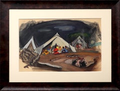 Vintage Apache Dinner at Dulcea, 1950s Casein Painting, Scene Around Campfire, Figures