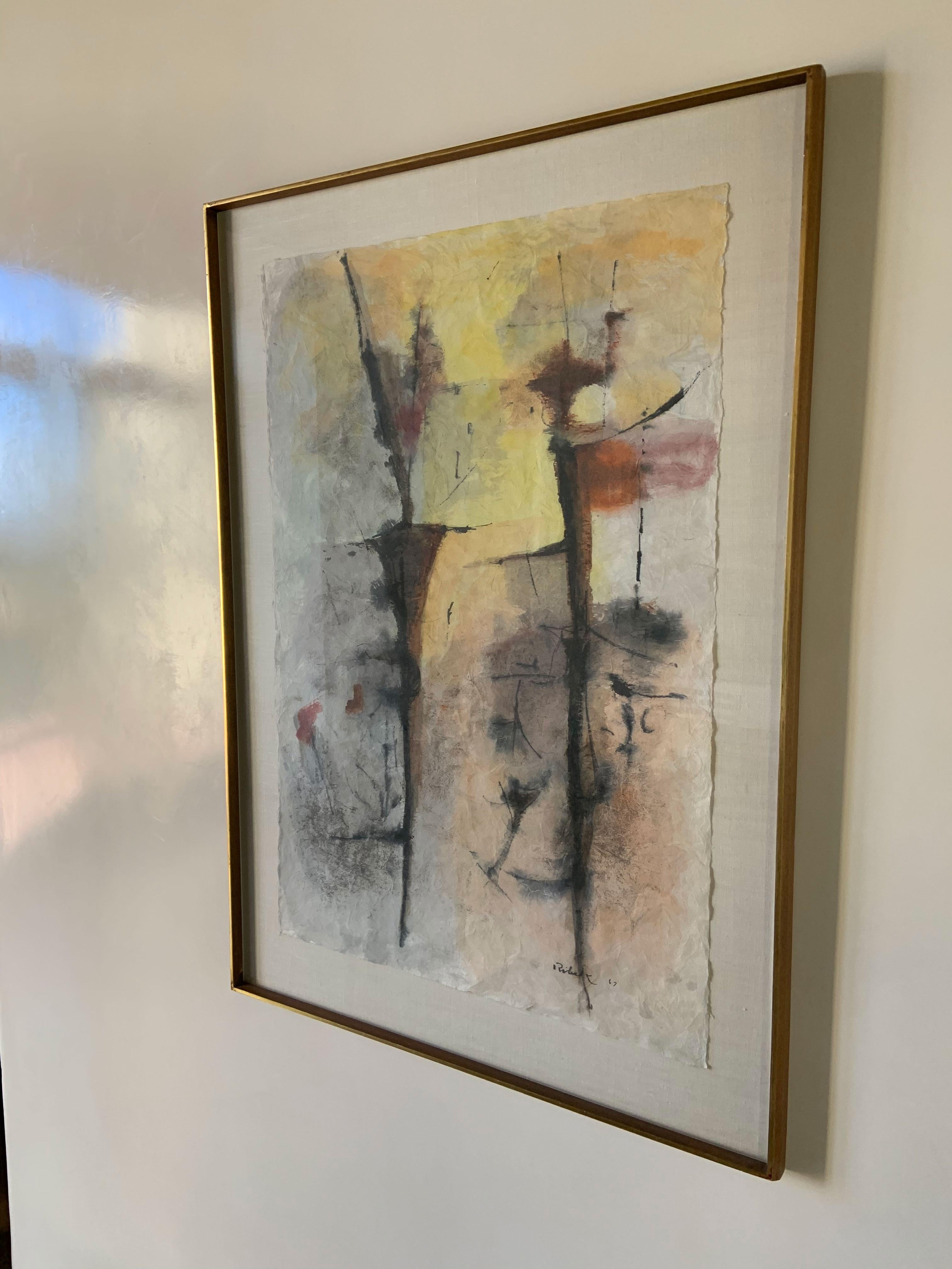 Gorge Figures 1967 - Beige Abstract Painting by Louis Ribak