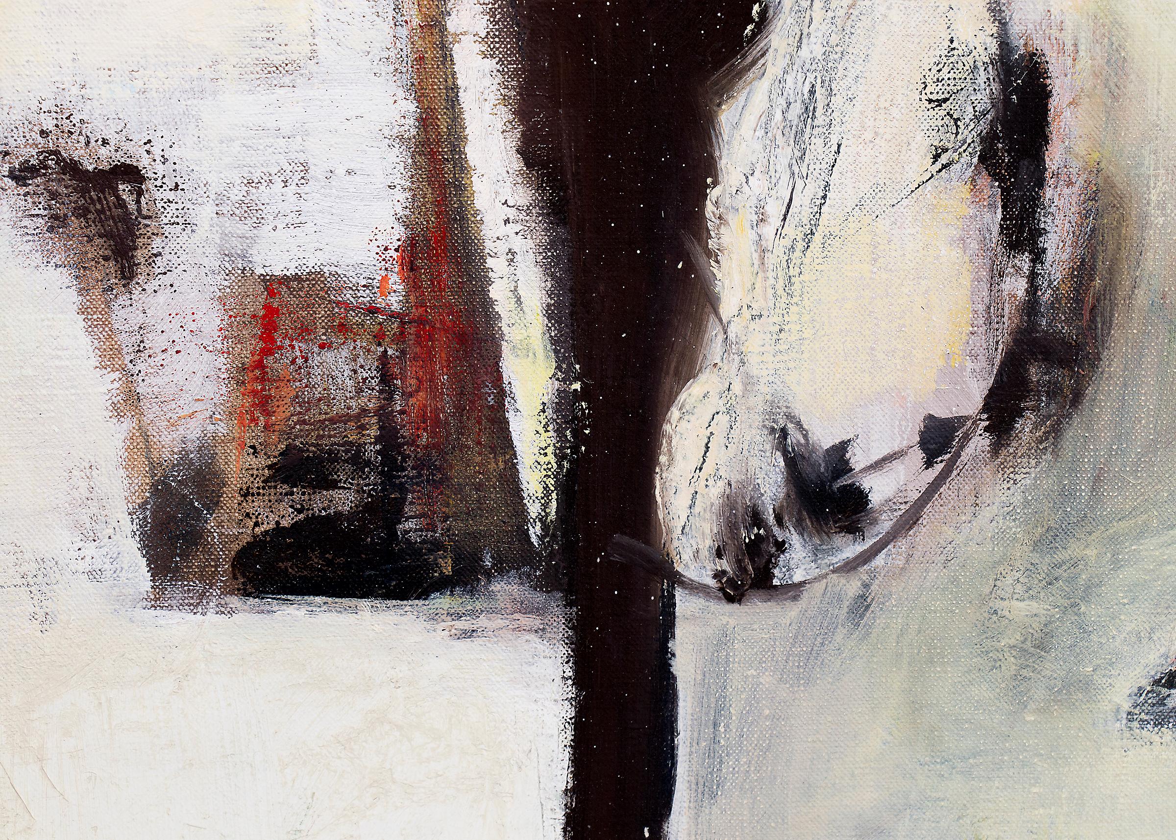 Taos im Winter, 1960er Jahre, großes abstraktes Ölgemälde, Weiß, Rot, Grau, Blau (Beige), Abstract Painting, von Louis Ribak