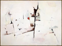 Taos in Winter, 1960s Large Abstract Oil Painting, White, Red, Gray, Blue